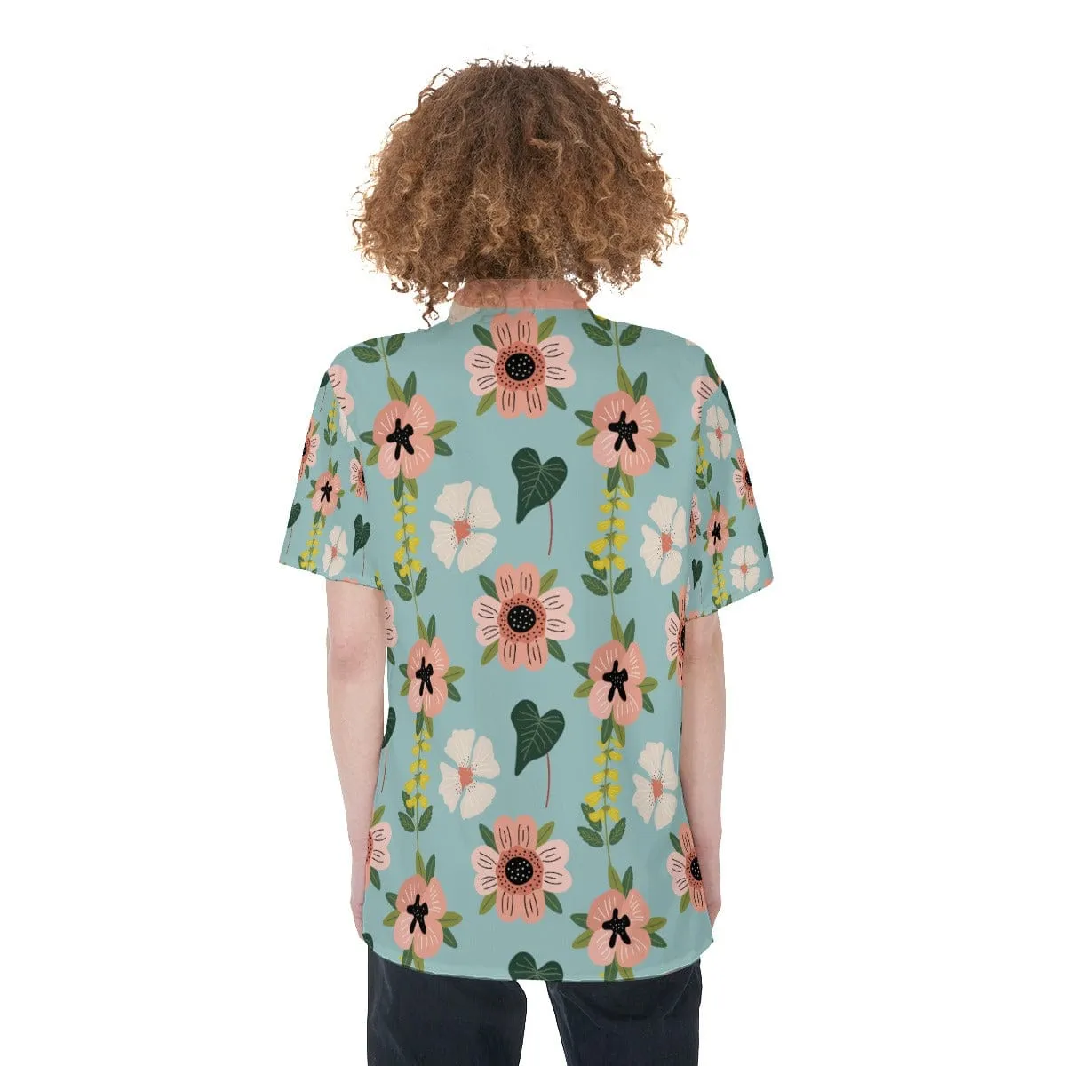 Blue Green Coral Floral - Women's Short Sleeve Shirt With Pocket