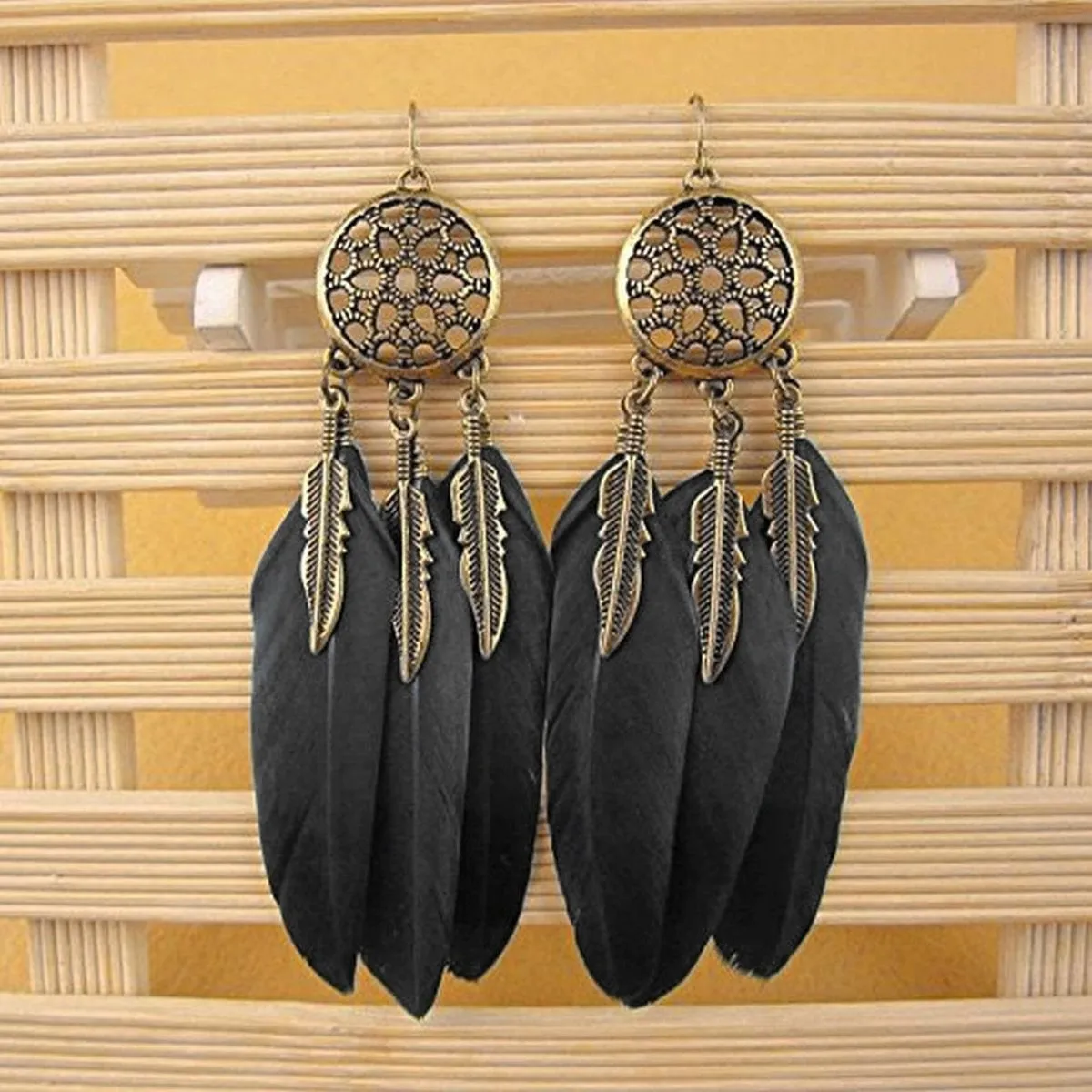 Boho Feather Flower Filigree Black 18K Gold Hanging Dangle Earring