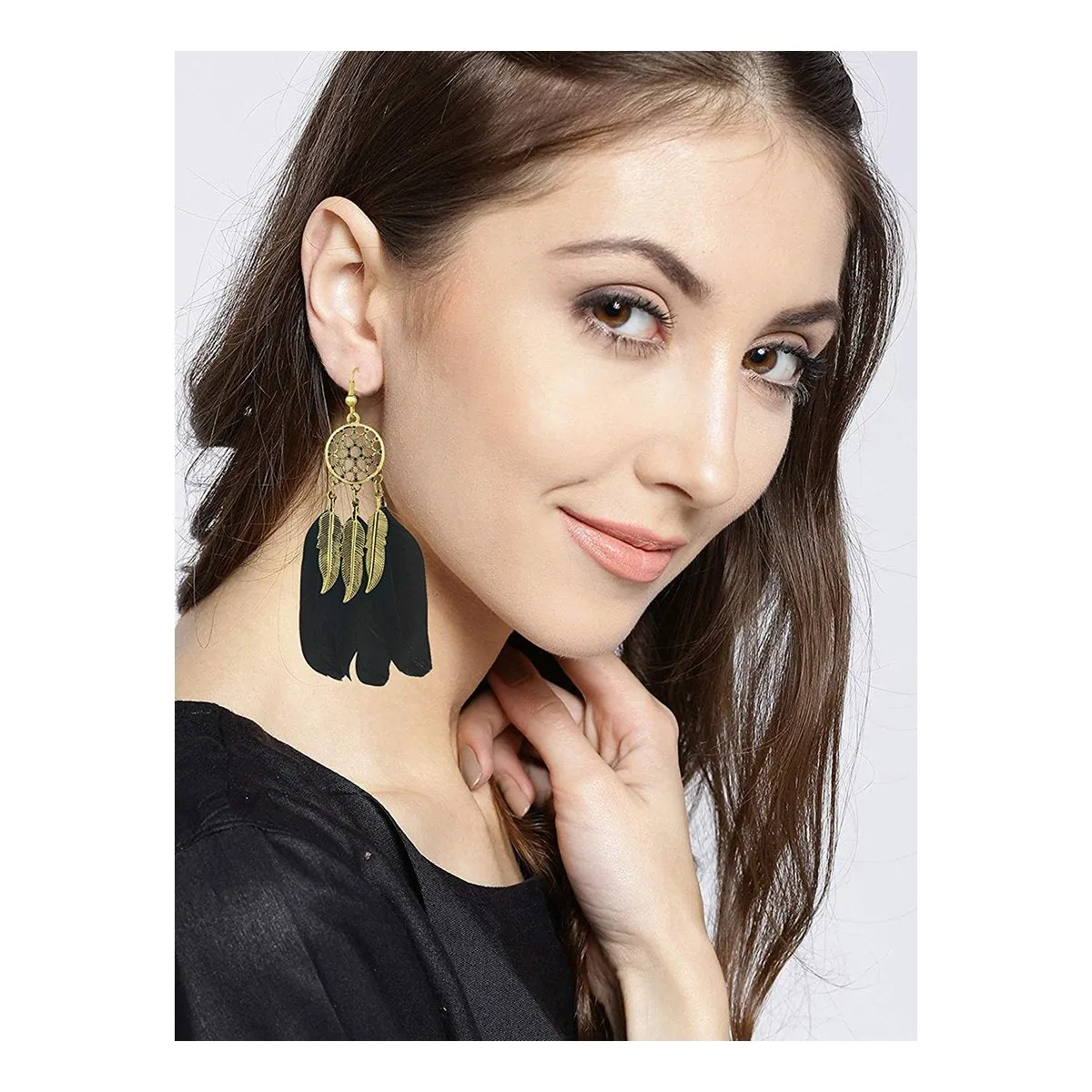 Boho Feather Flower Filigree Black 18K Gold Hanging Dangle Earring