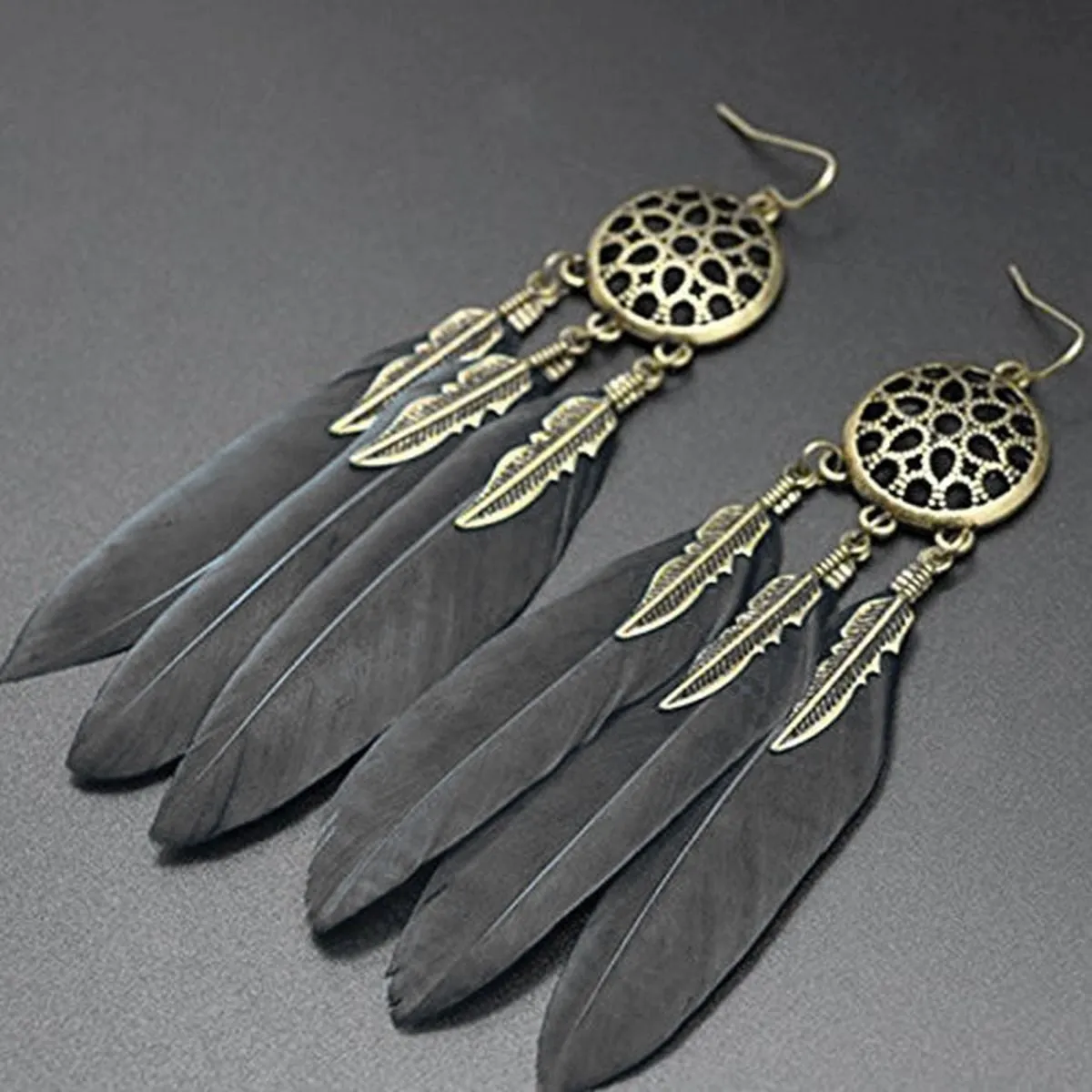 Boho Feather Flower Filigree Black 18K Gold Hanging Dangle Earring