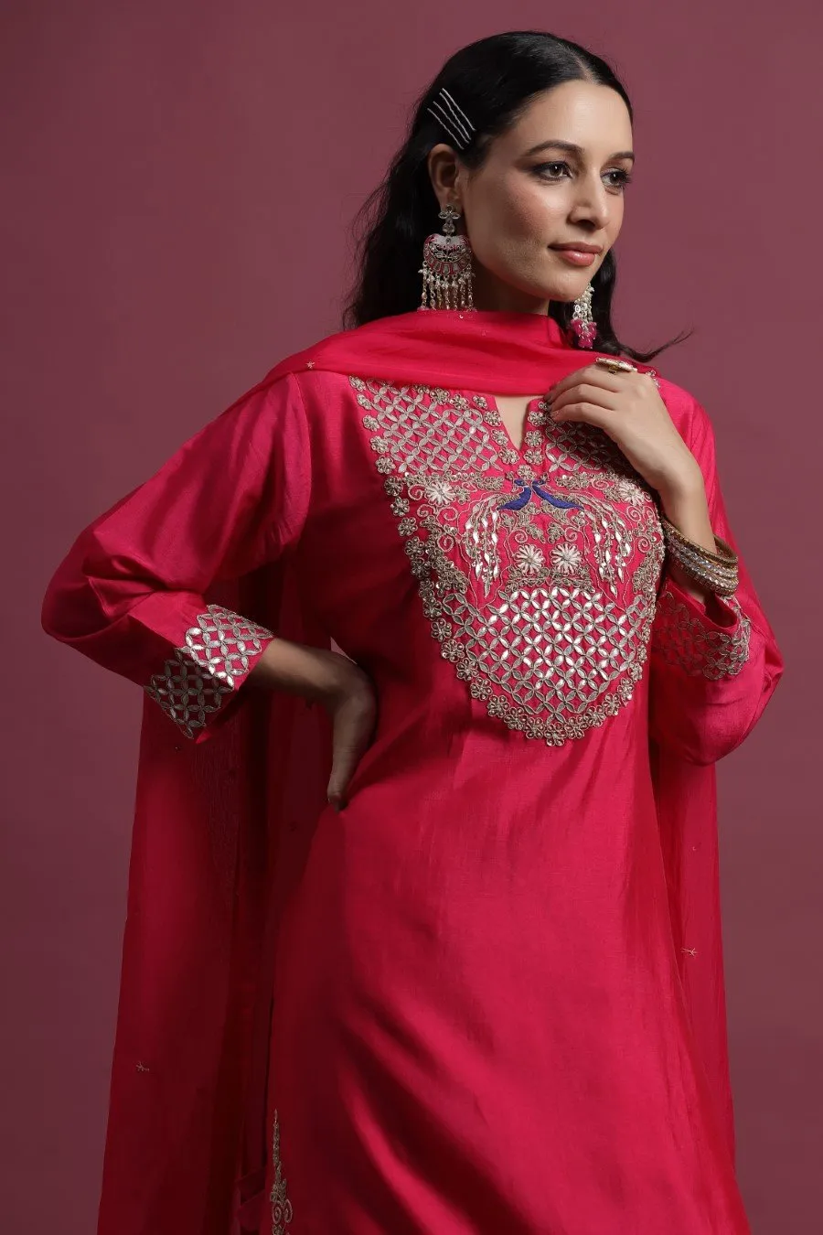 Cerise Pink Peacock Embroidered Sharara Set