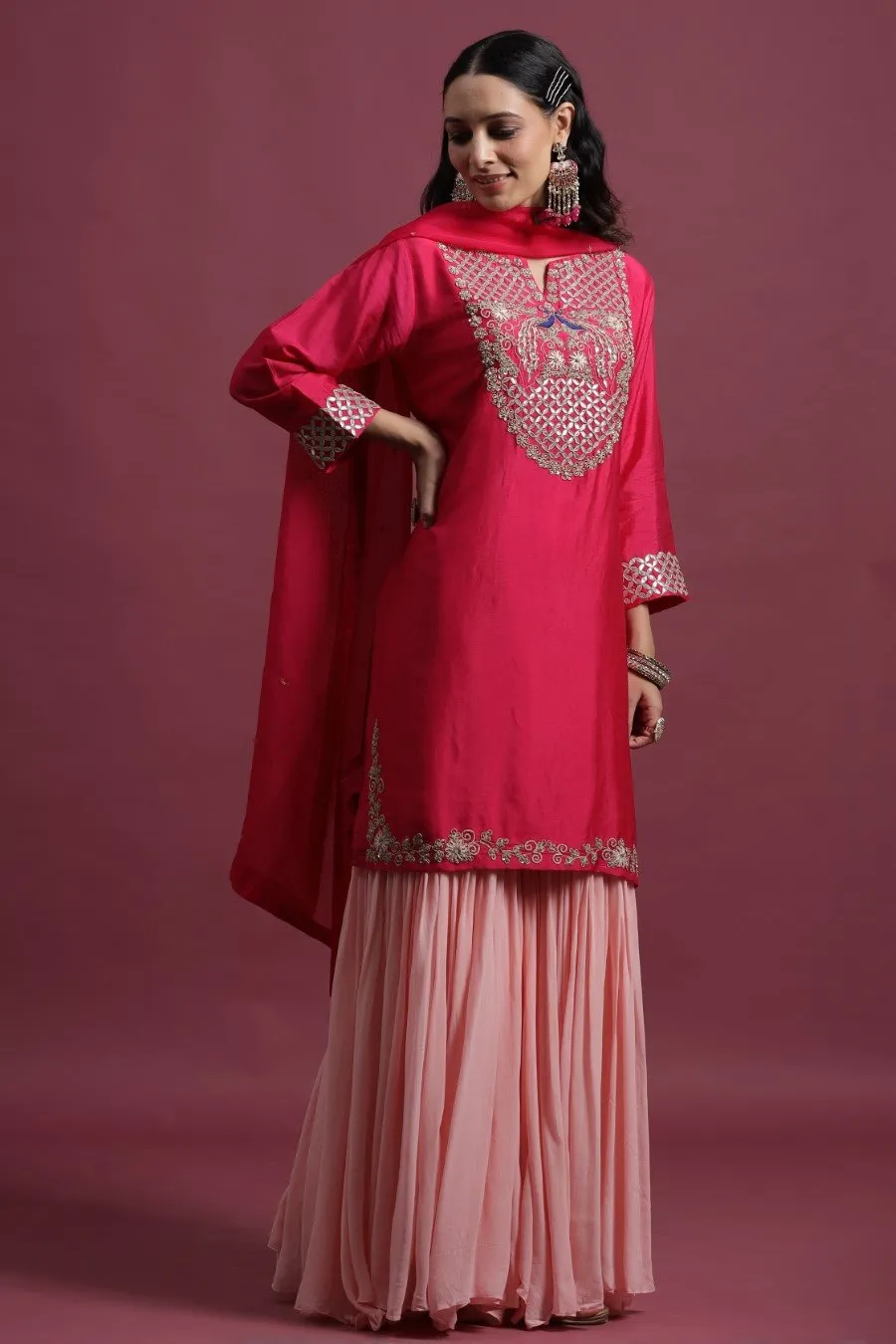 Cerise Pink Peacock Embroidered Sharara Set