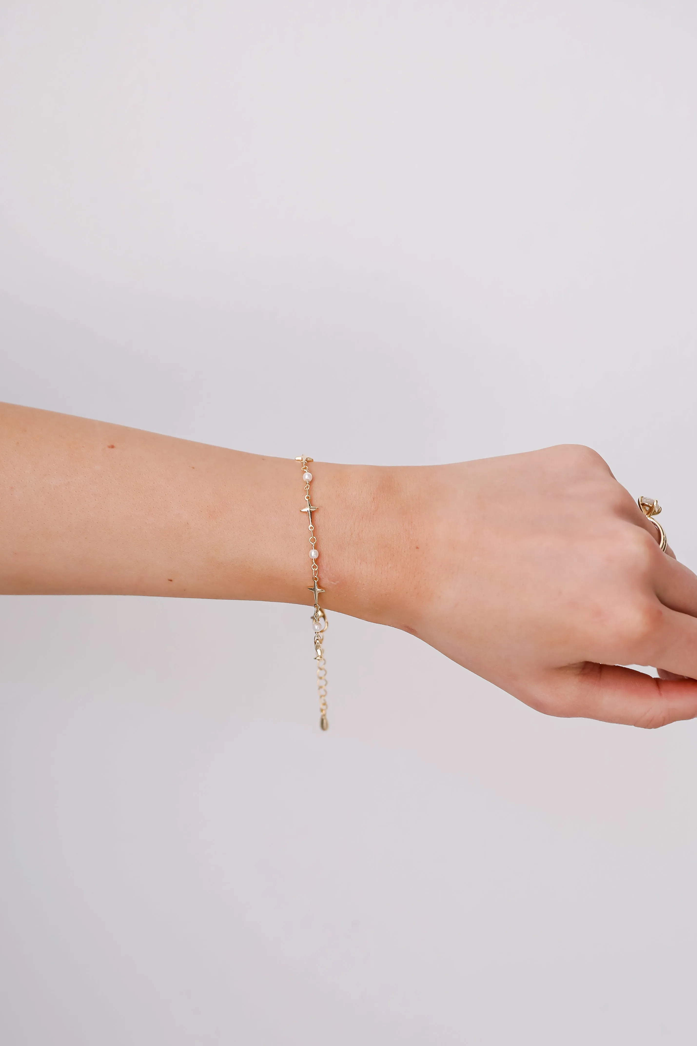 Charlotte Gold Cross   Pearl Chain Bracelet