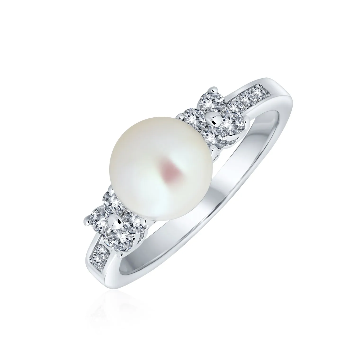 Criss Cross Pave CZ Solitaire White Imitation Pearl Statement Ring