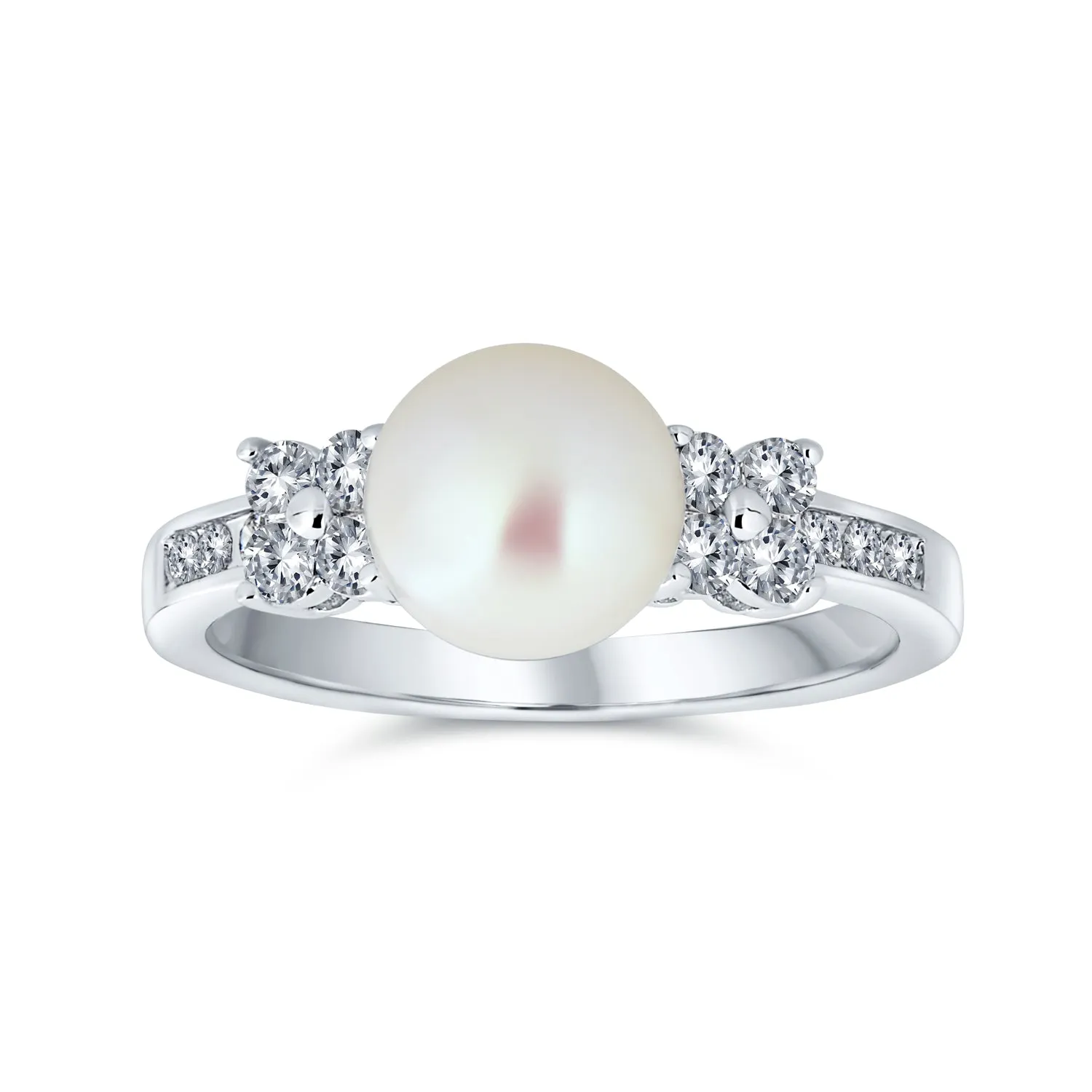 Criss Cross Pave CZ Solitaire White Imitation Pearl Statement Ring