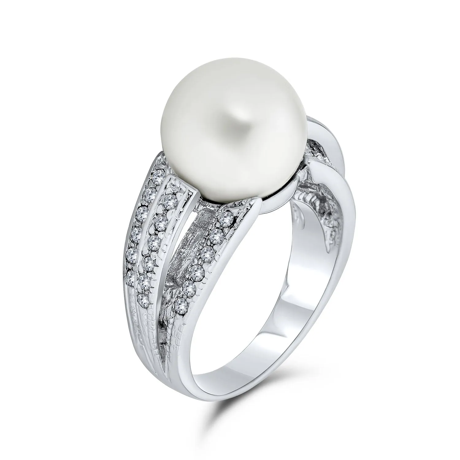 Criss Cross Pave CZ Solitaire White Imitation Pearl Statement Ring