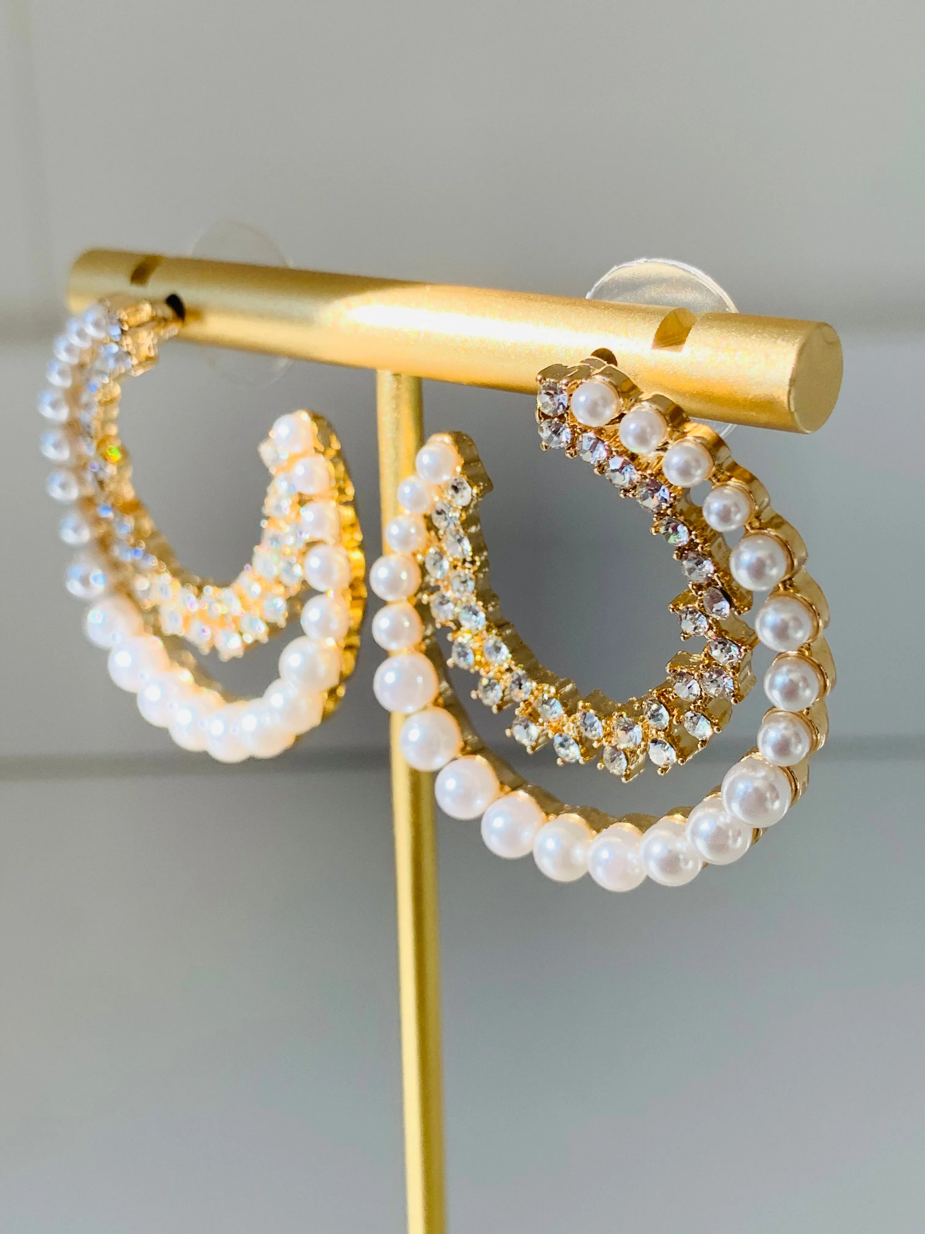 Crystal and Pearl Half Hoop Earrings