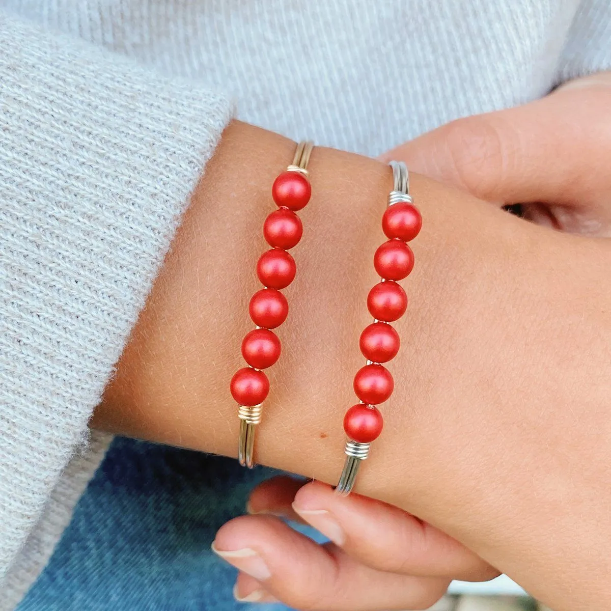 Crystal Pearl Bangle Bracelet in Scarlet