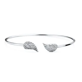 Delicate Angel Wing Feather Bangle Cuff Bracelet Jewelry Set Sterling Silver