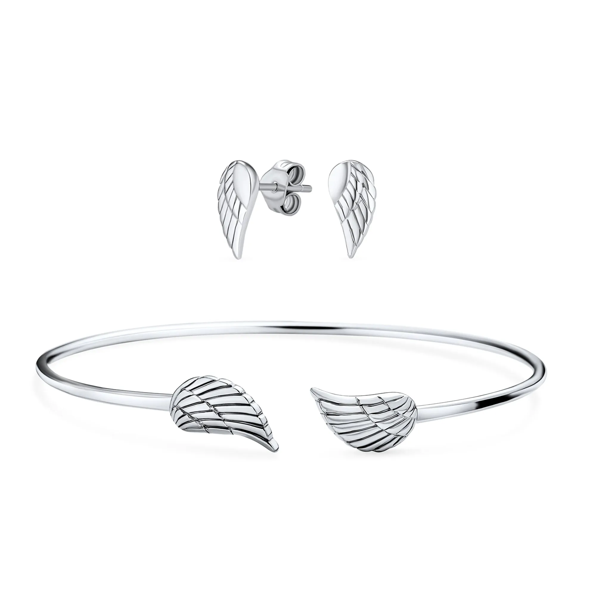 Delicate Angel Wing Feather Bangle Cuff Bracelet Jewelry Set Sterling Silver