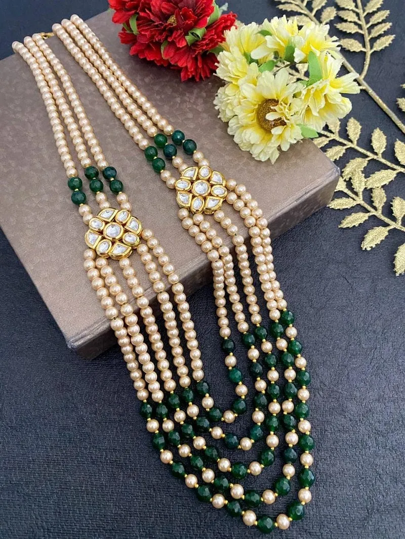 Designer Multi Layered Long Beaded Pearls Kundan Mala For Men And Women