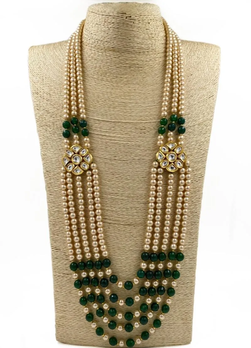 Designer Multi Layered Long Beaded Pearls Kundan Mala For Men And Women