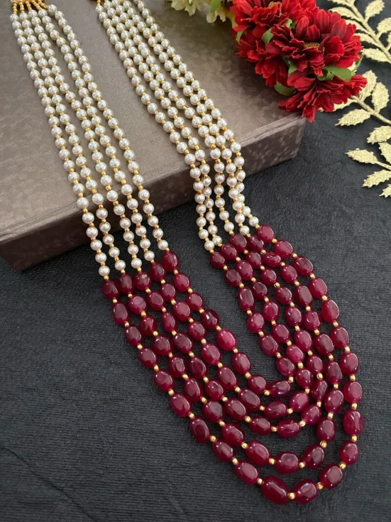 Designer Multilayered Long Pearls And Stone Beads Necklace For Men And Women