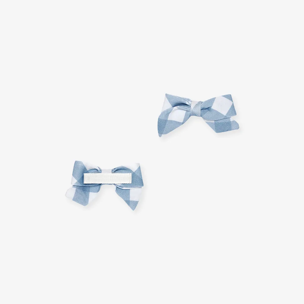 Dusty Blue Gingham Mini Bow Hair Clips