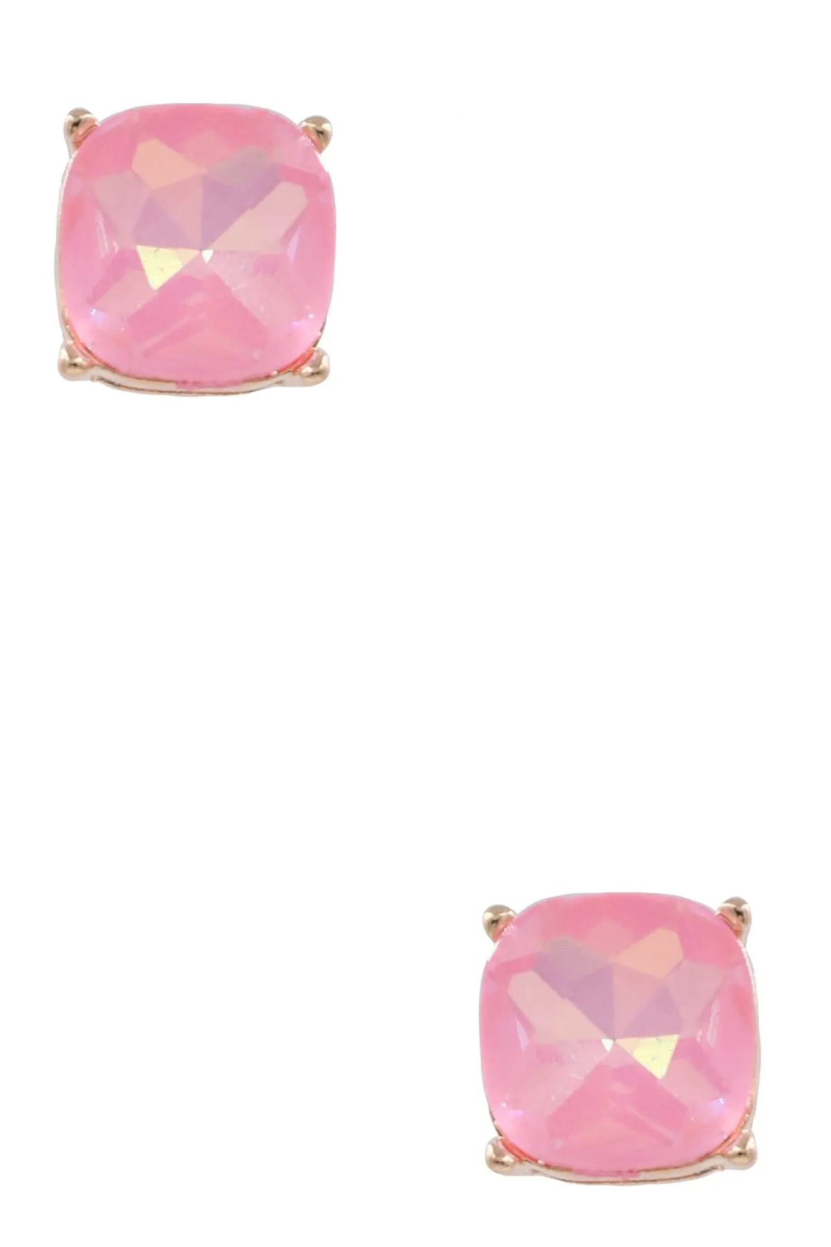 Faceted Glass Square Jewel Statement Stud Earrings- Pink