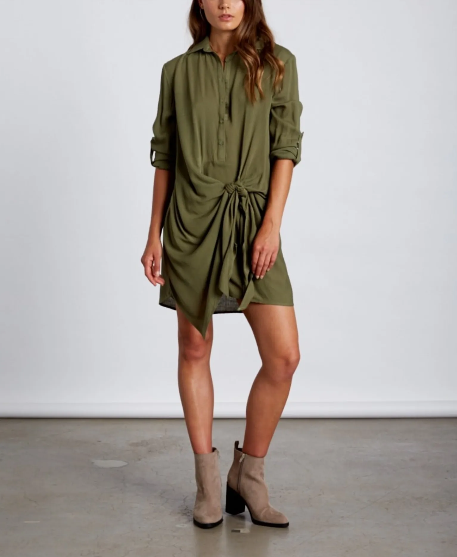 Final Sale - Cotton Candy LA - Low Key Front Knot Dress - Olive