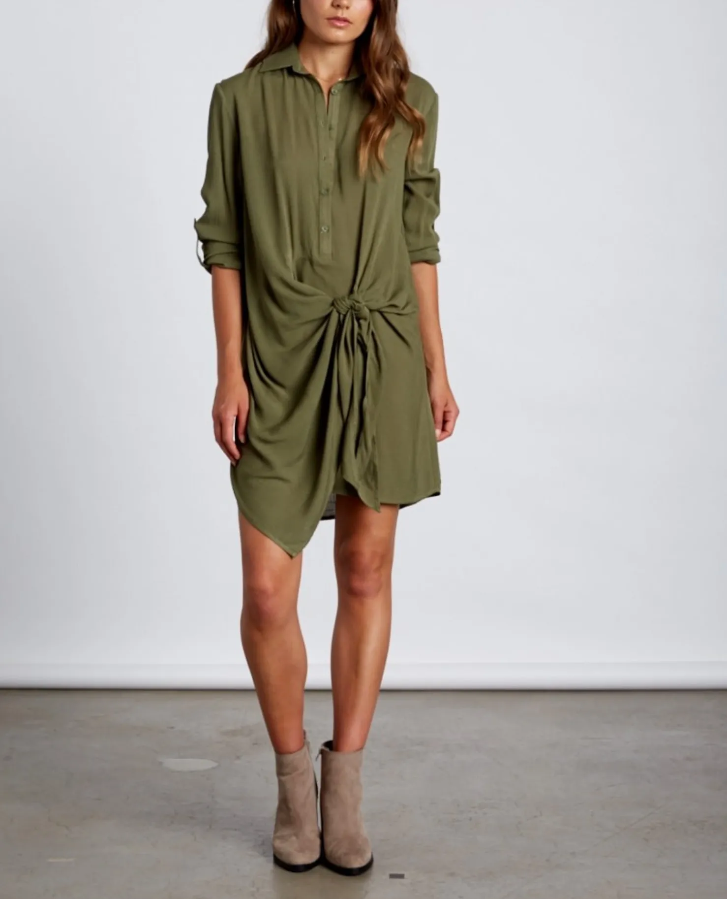 Final Sale - Cotton Candy LA - Low Key Front Knot Dress - Olive