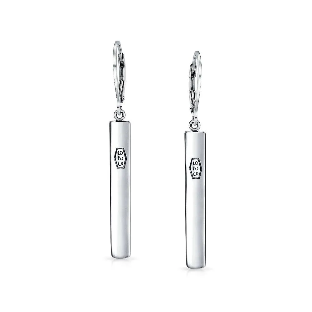 Geometric Bar Feather Lever back Drop Earrings .925 Sterling Silver