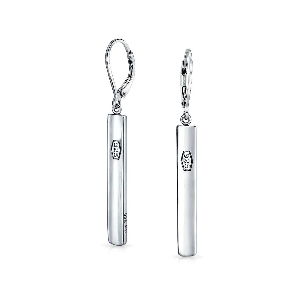 Geometric Bar Feather Lever back Drop Earrings .925 Sterling Silver