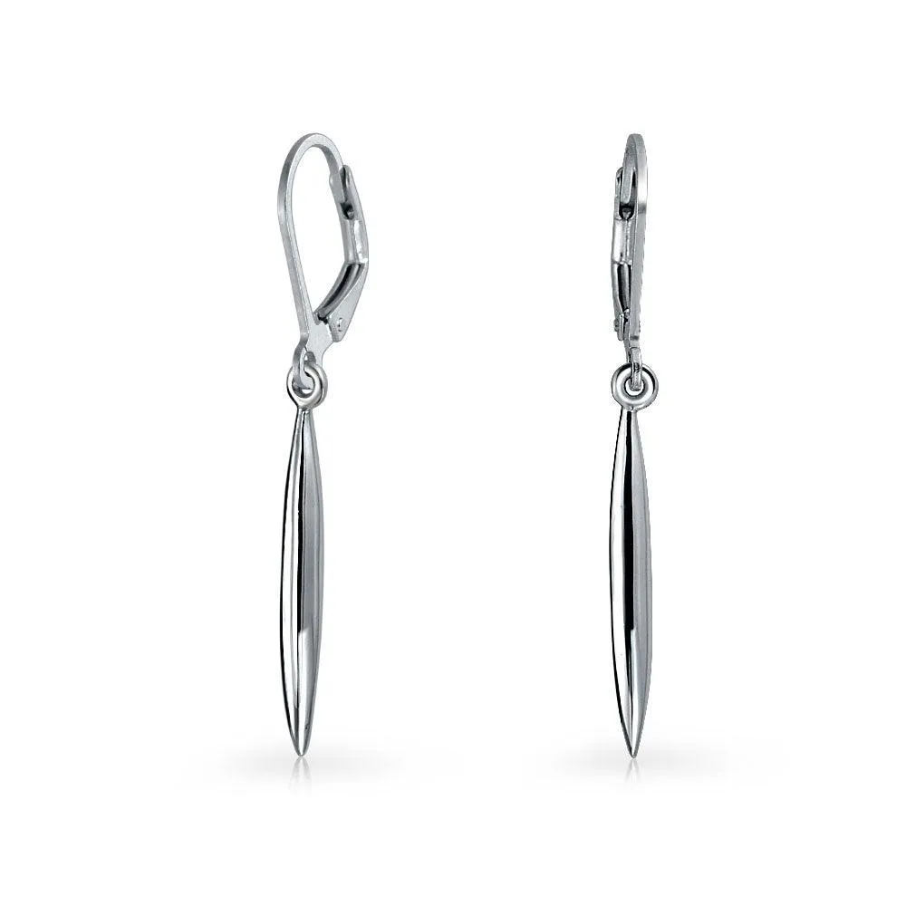 Geometric Bar Feather Lever back Drop Earrings .925 Sterling Silver