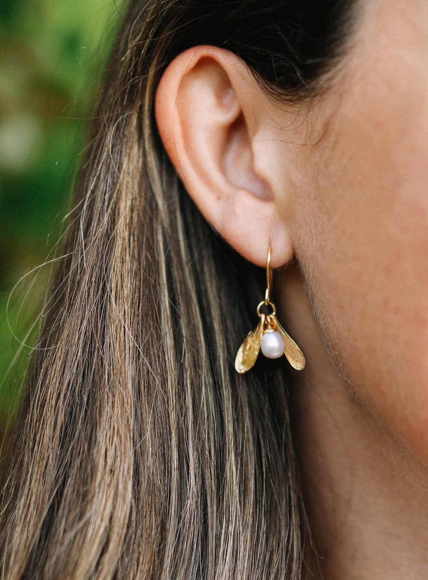 Gold Double Leaf and Pearl Earrings