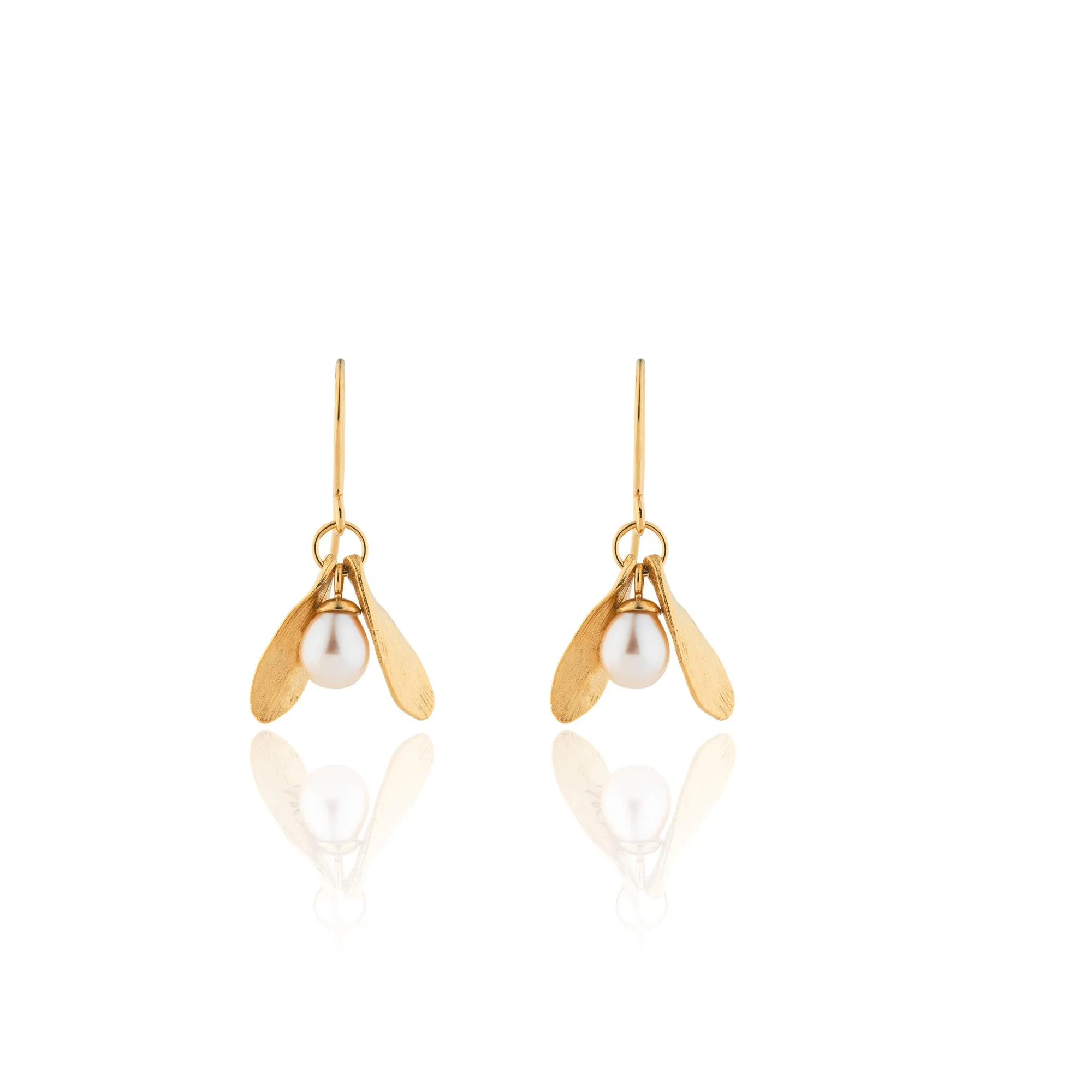 Gold Double Leaf and Pearl Earrings