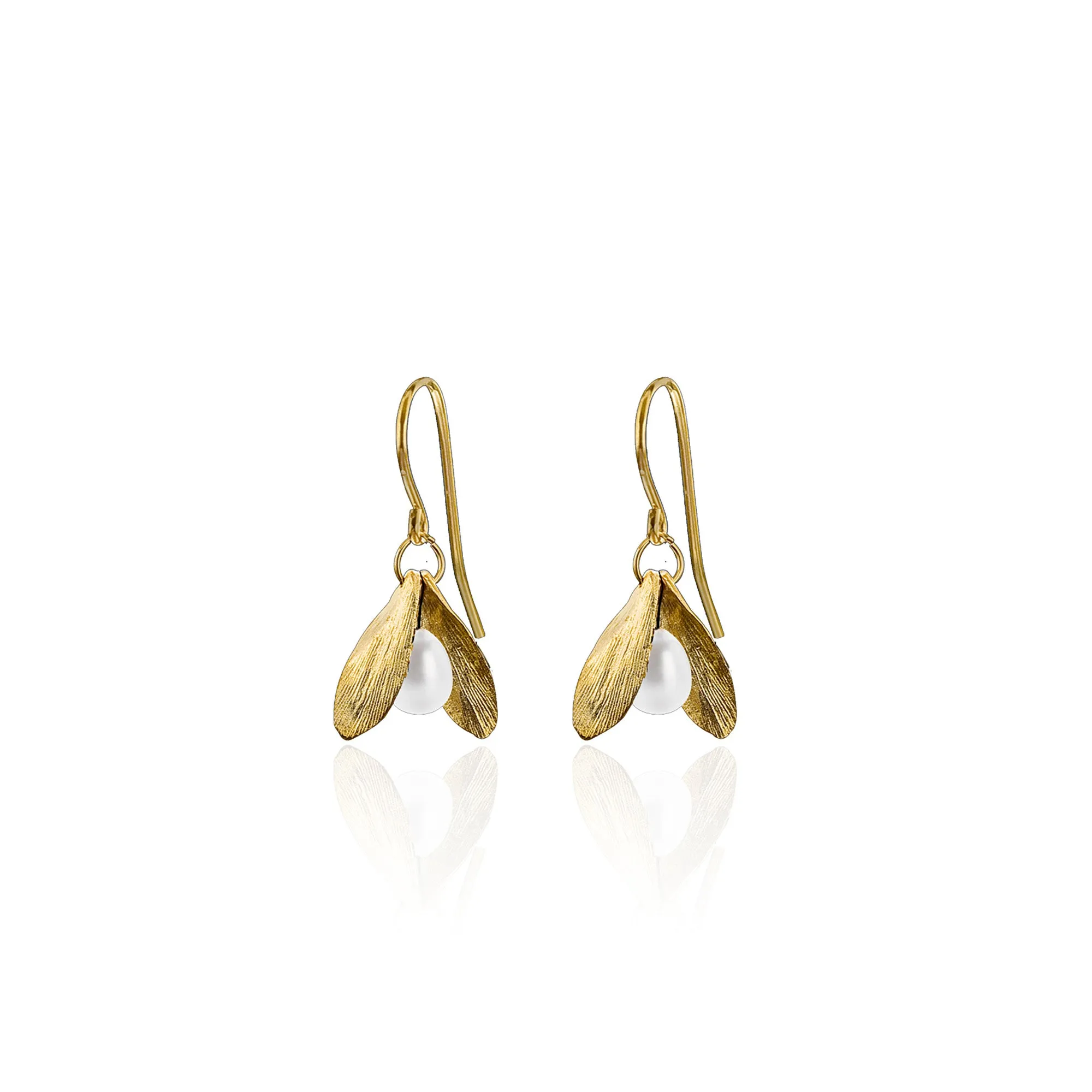 Gold Double Leaf and Pearl Earrings