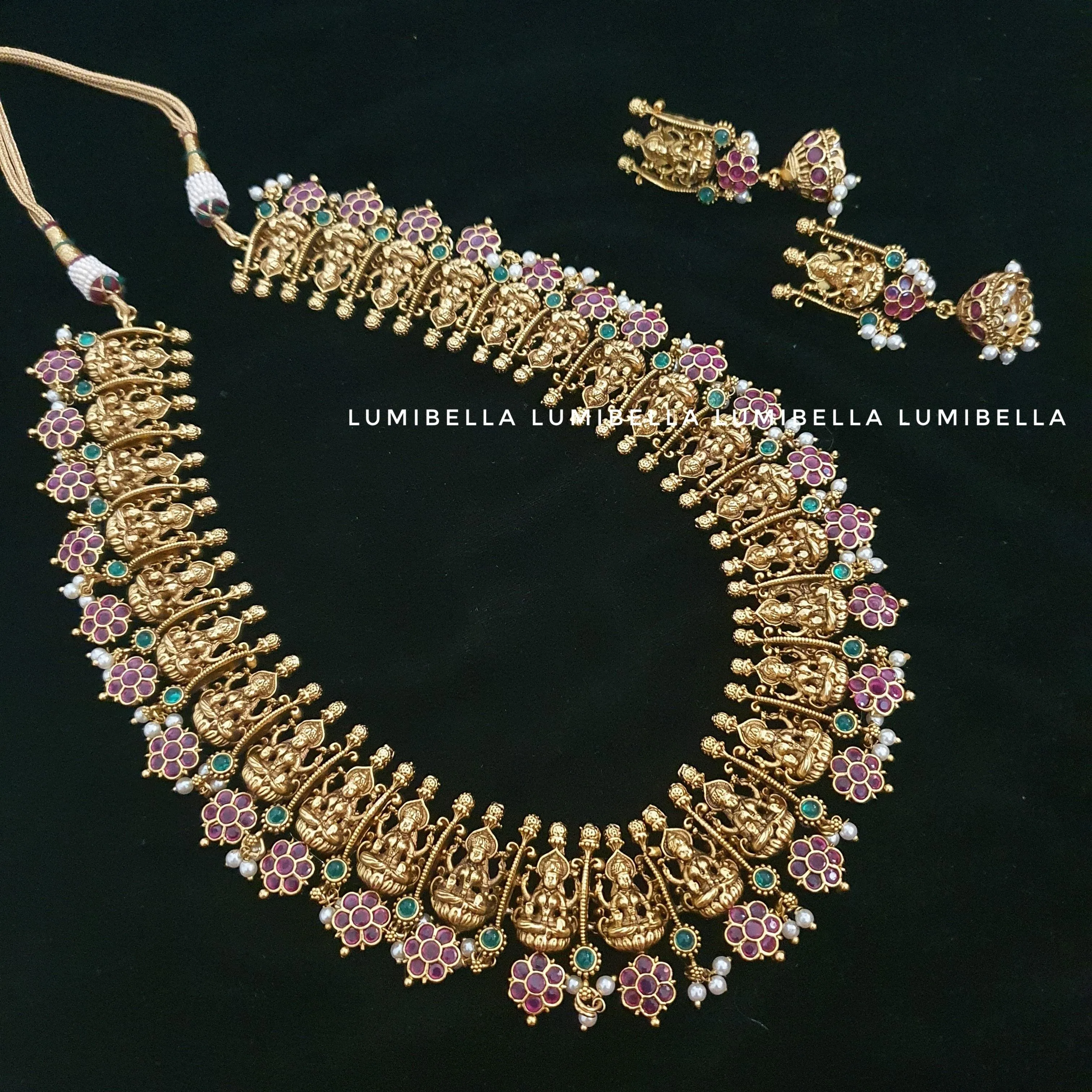 Gold Replica Goddess Lakshmi Style Semi Bridal Set