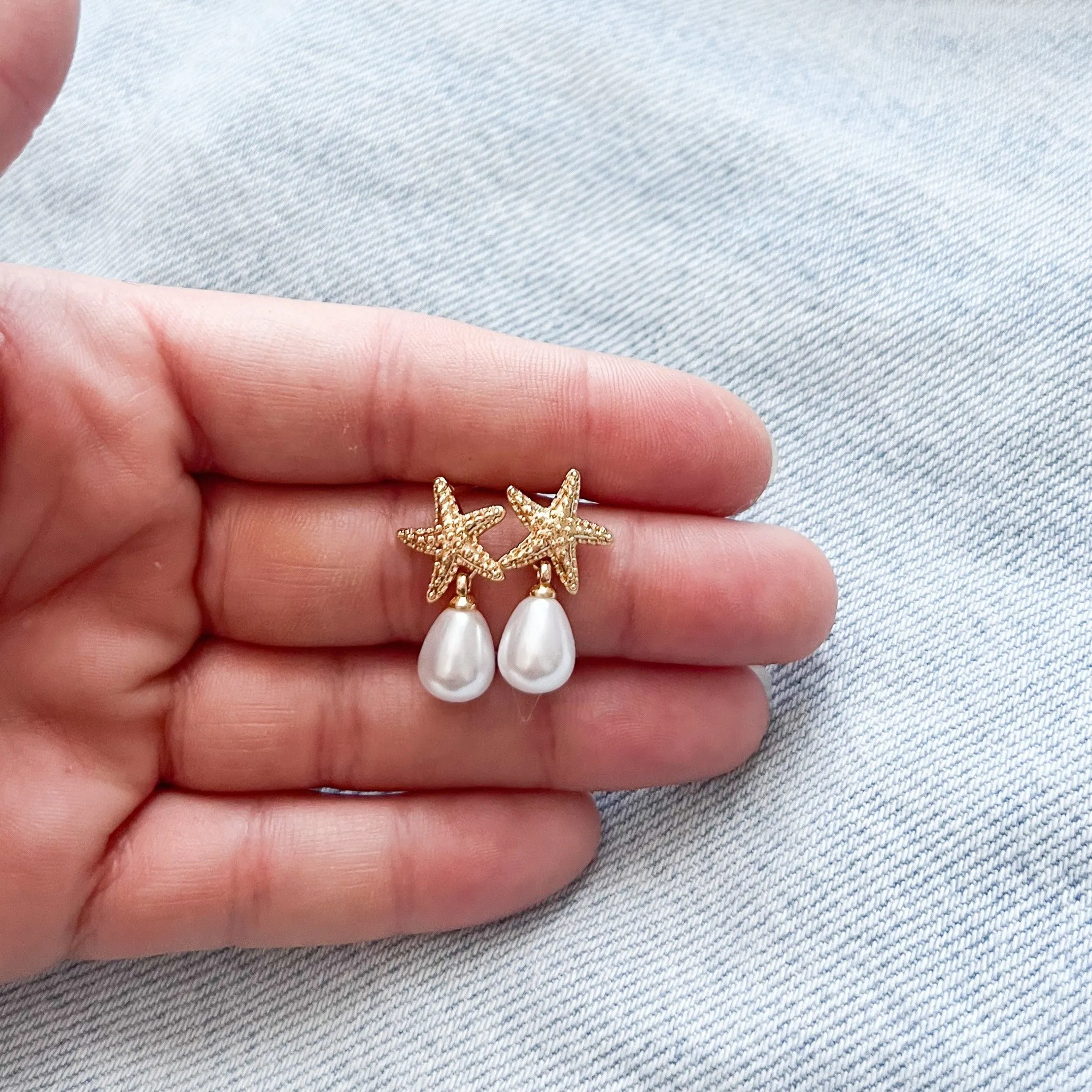 Golden Pearl Starfish Drop Earrings