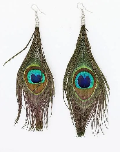 Green Faux Peacock Feather Earrings