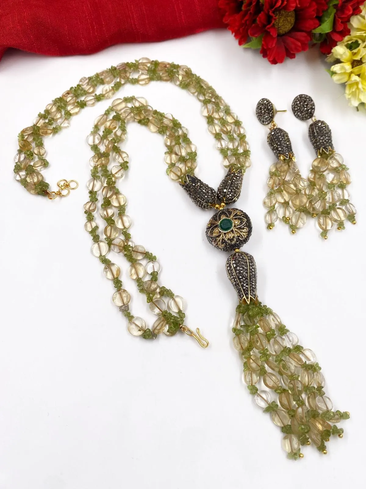 Handcrafted Designer Semi Precious Citrine And Peridot Long Necklace Set By Gehna Shop