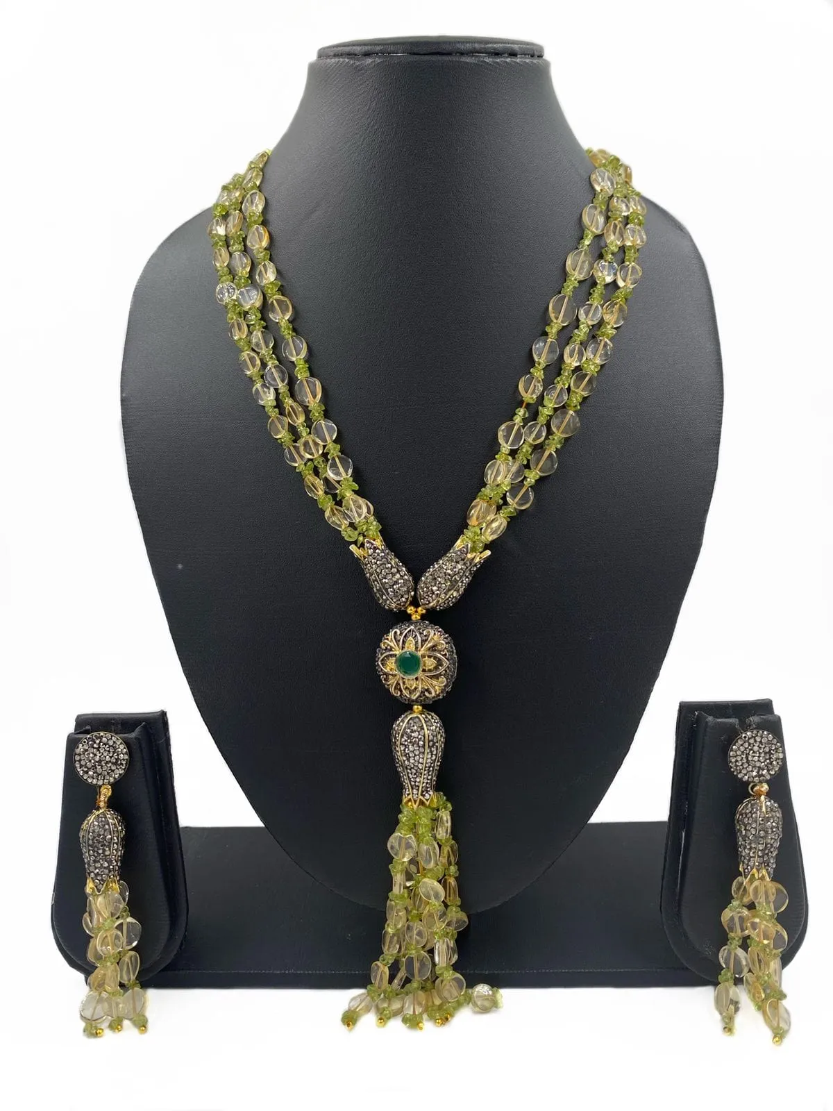 Handcrafted Designer Semi Precious Citrine And Peridot Long Necklace Set By Gehna Shop