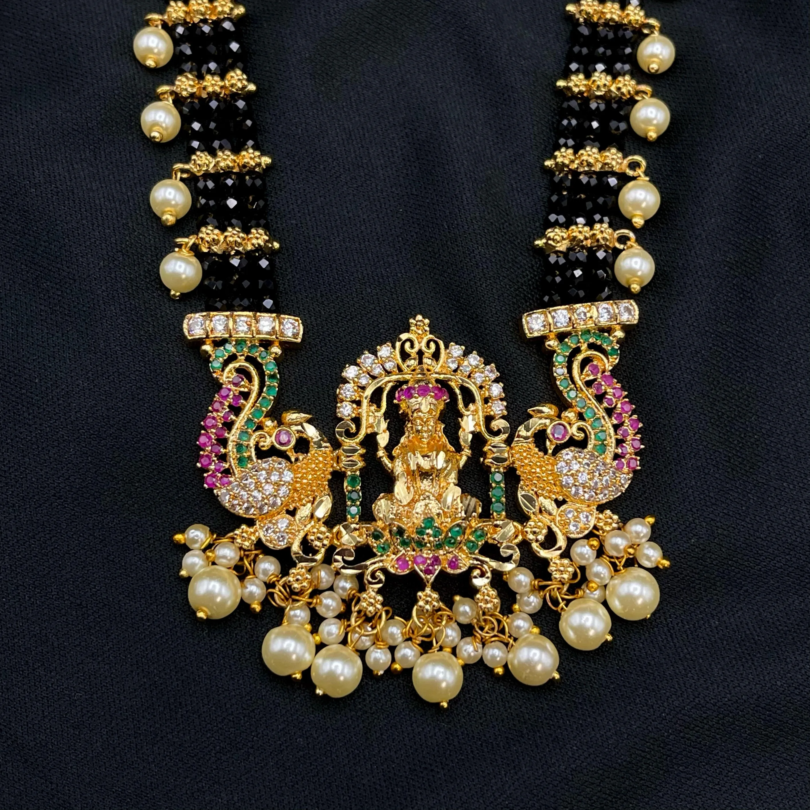 Handmade Lakshmi AD Necklace Set in Black Beads