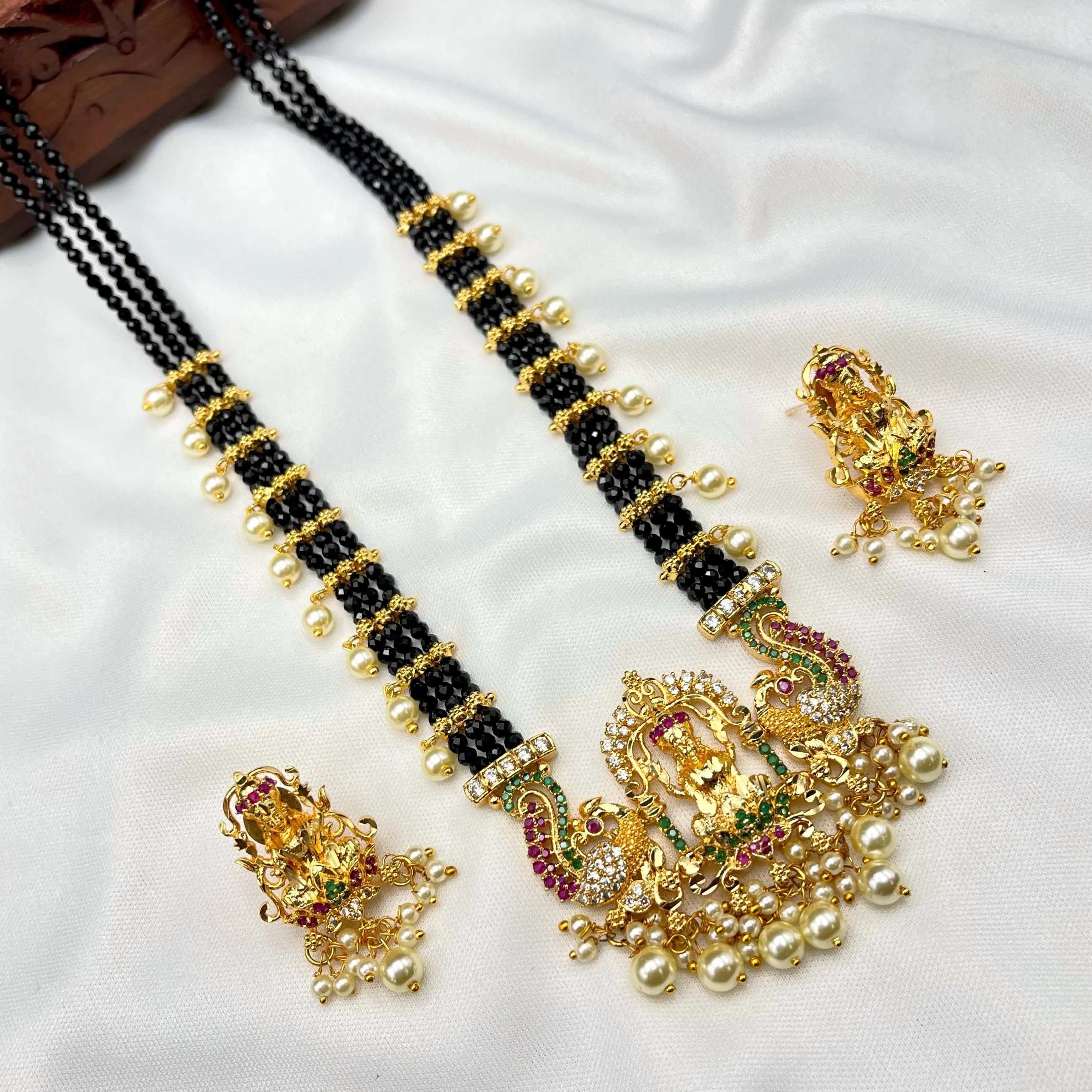 Handmade Lakshmi AD Necklace Set in Black Beads