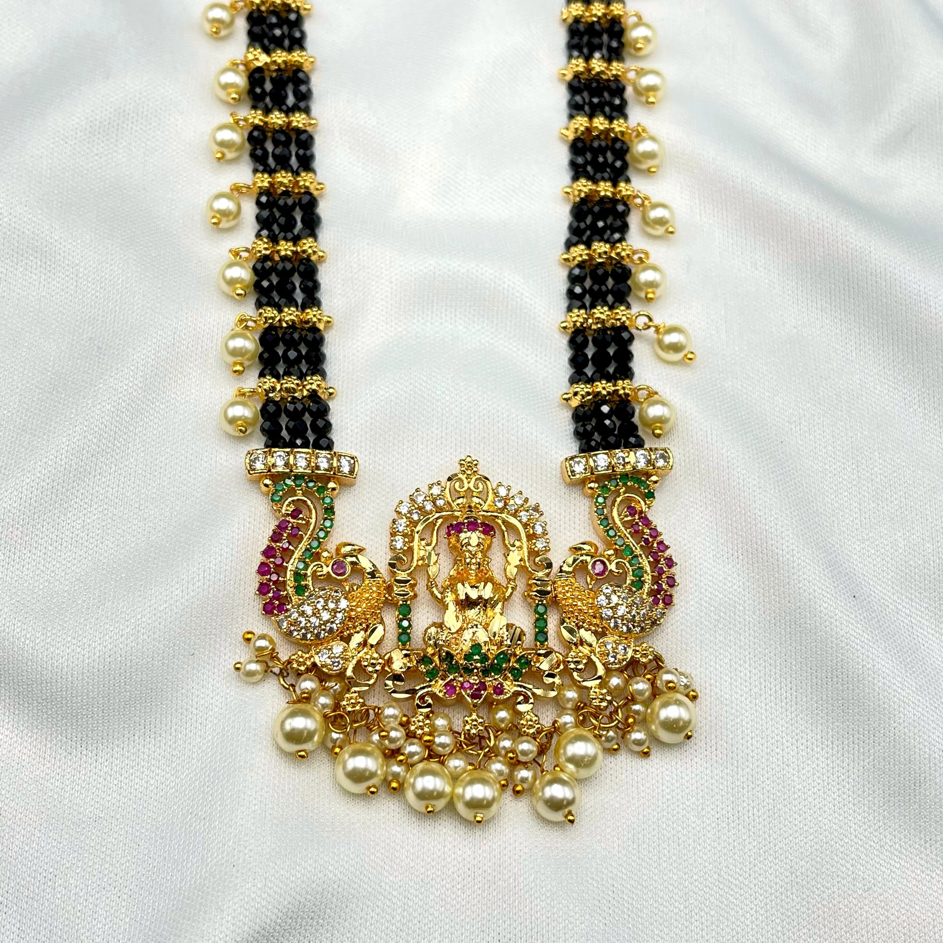 Handmade Lakshmi AD Necklace Set in Black Beads