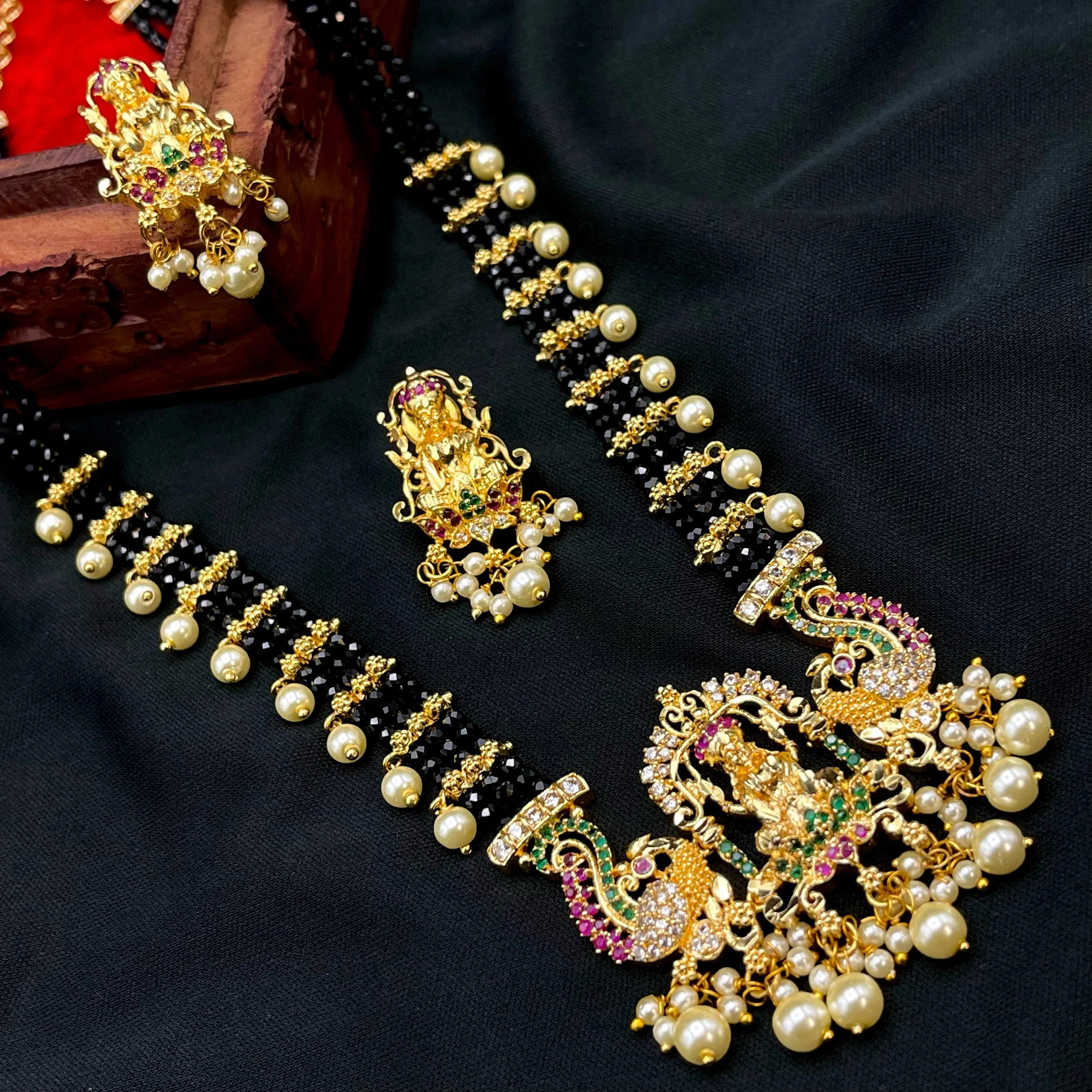 Handmade Lakshmi AD Necklace Set in Black Beads