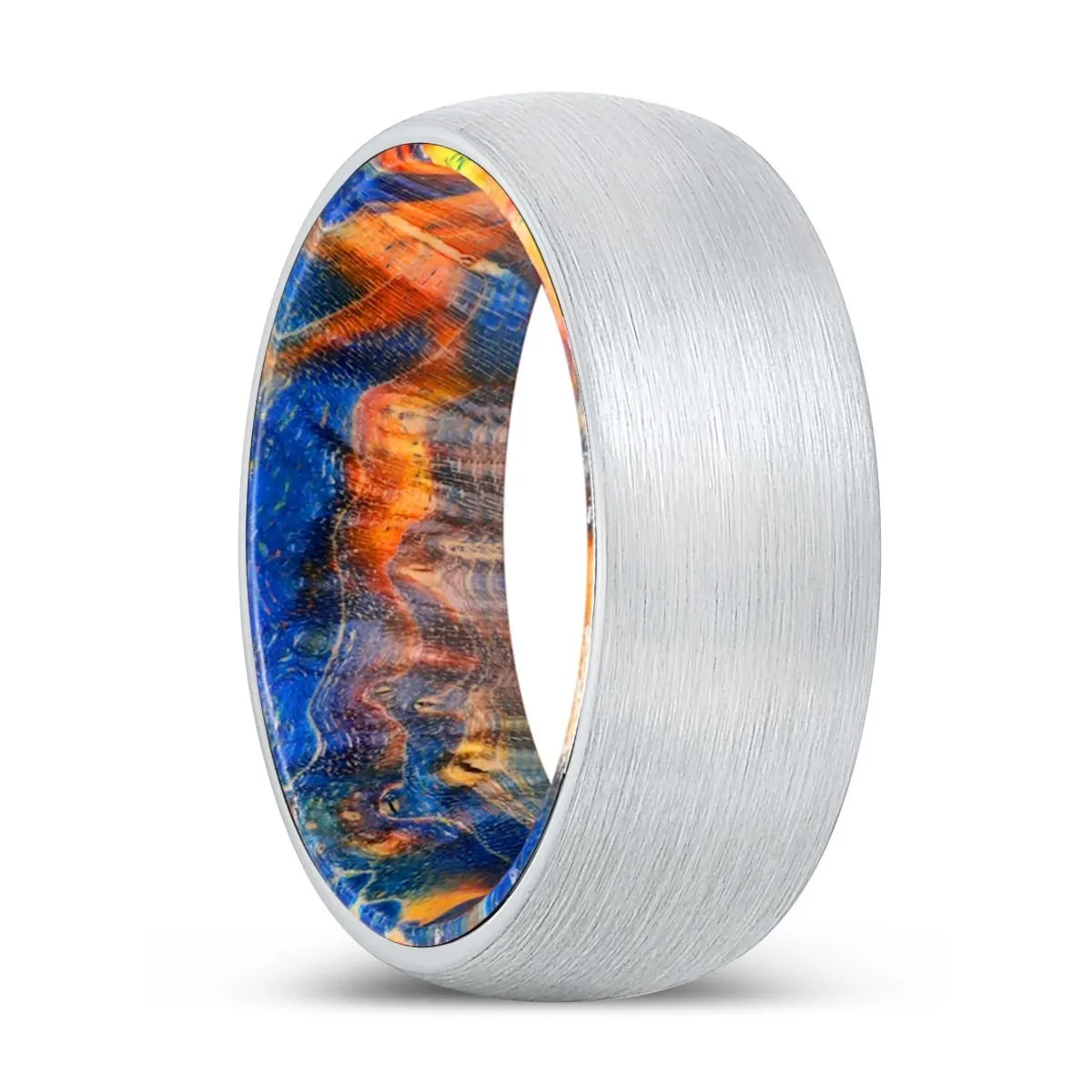 IMAGINATION | Blue & Yellow/Orange Wood, White Tungsten Ring, Brushed, Domed