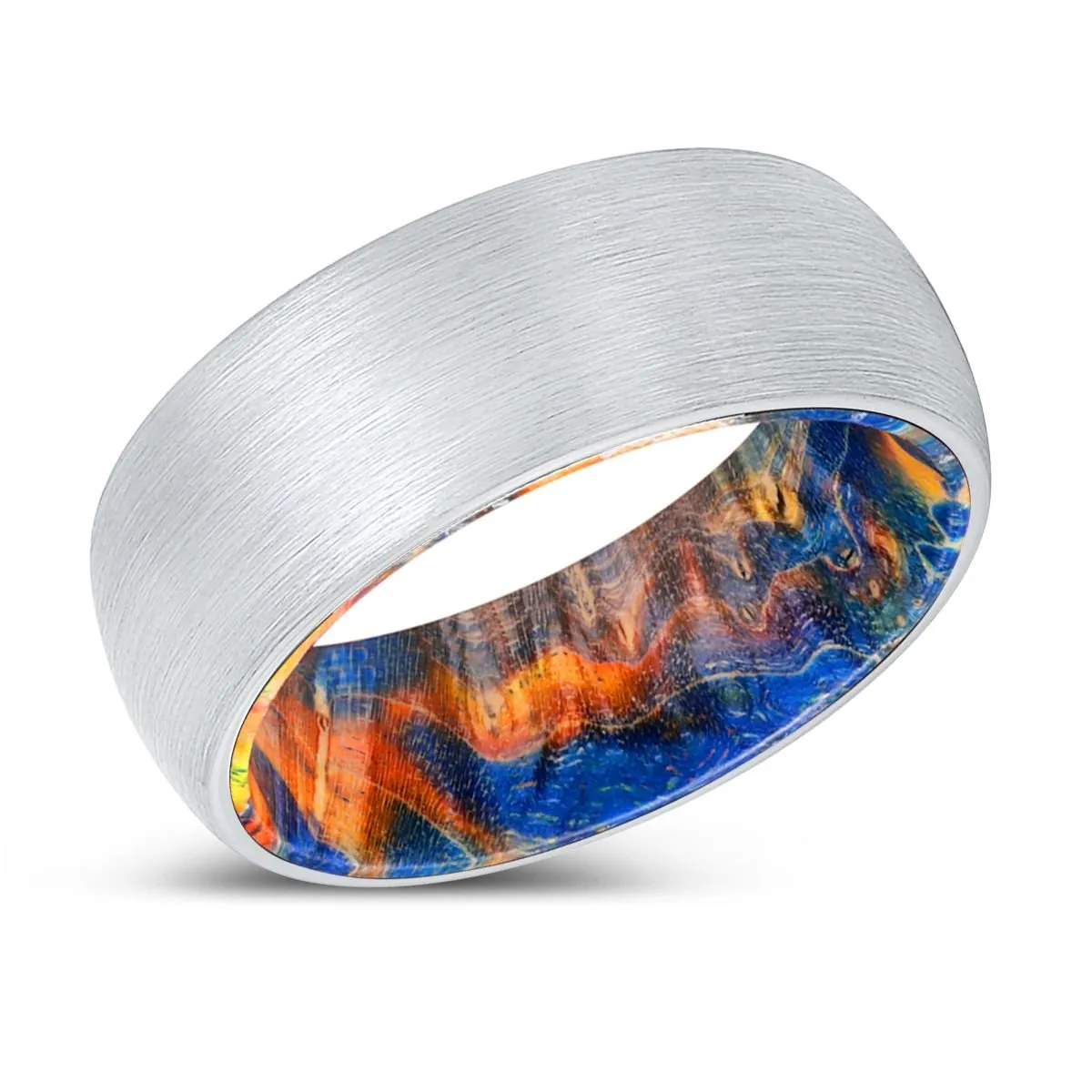 IMAGINATION | Blue & Yellow/Orange Wood, White Tungsten Ring, Brushed, Domed