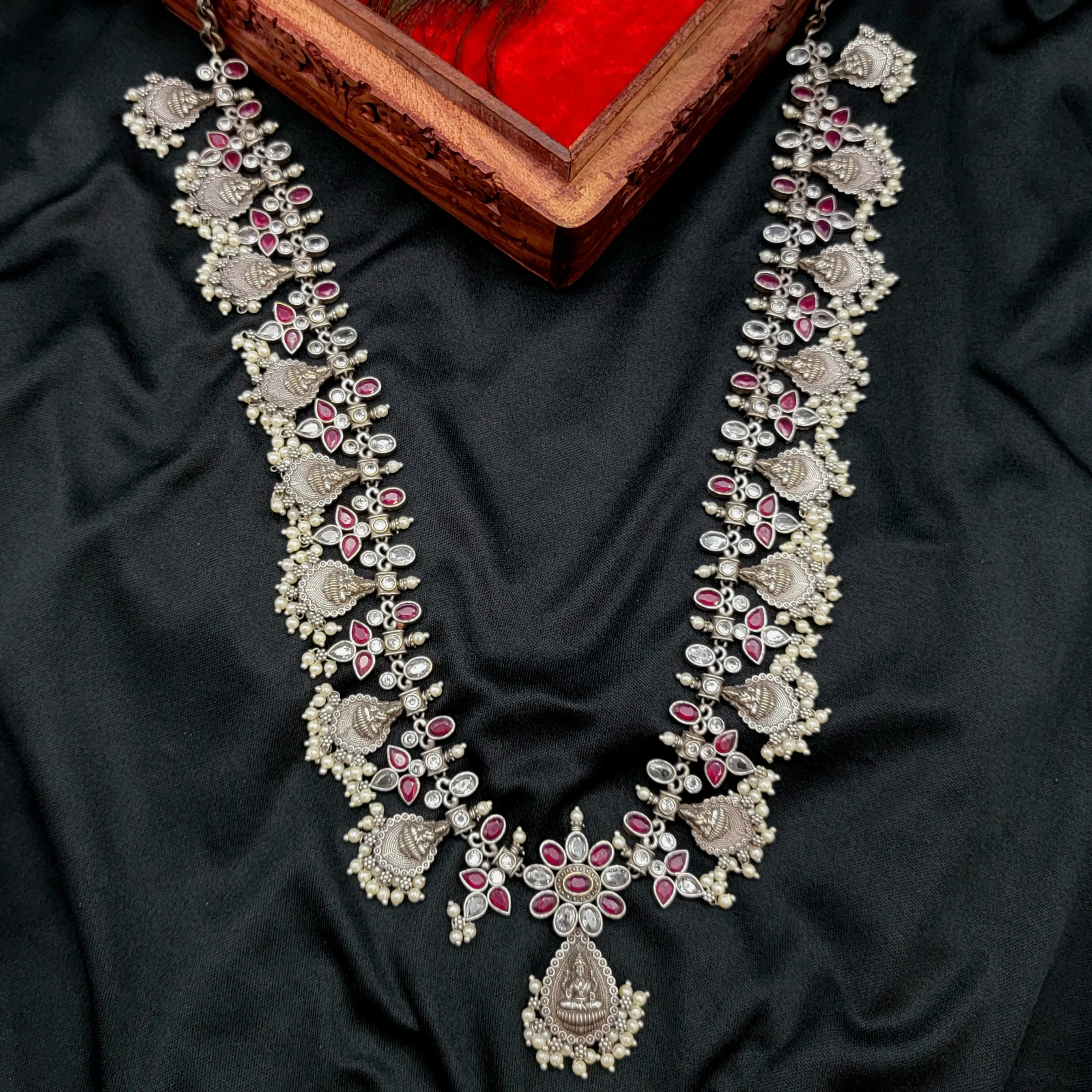 Lakshmi Long Ruby Red & White AD Guttapusalu Silver Alike Set