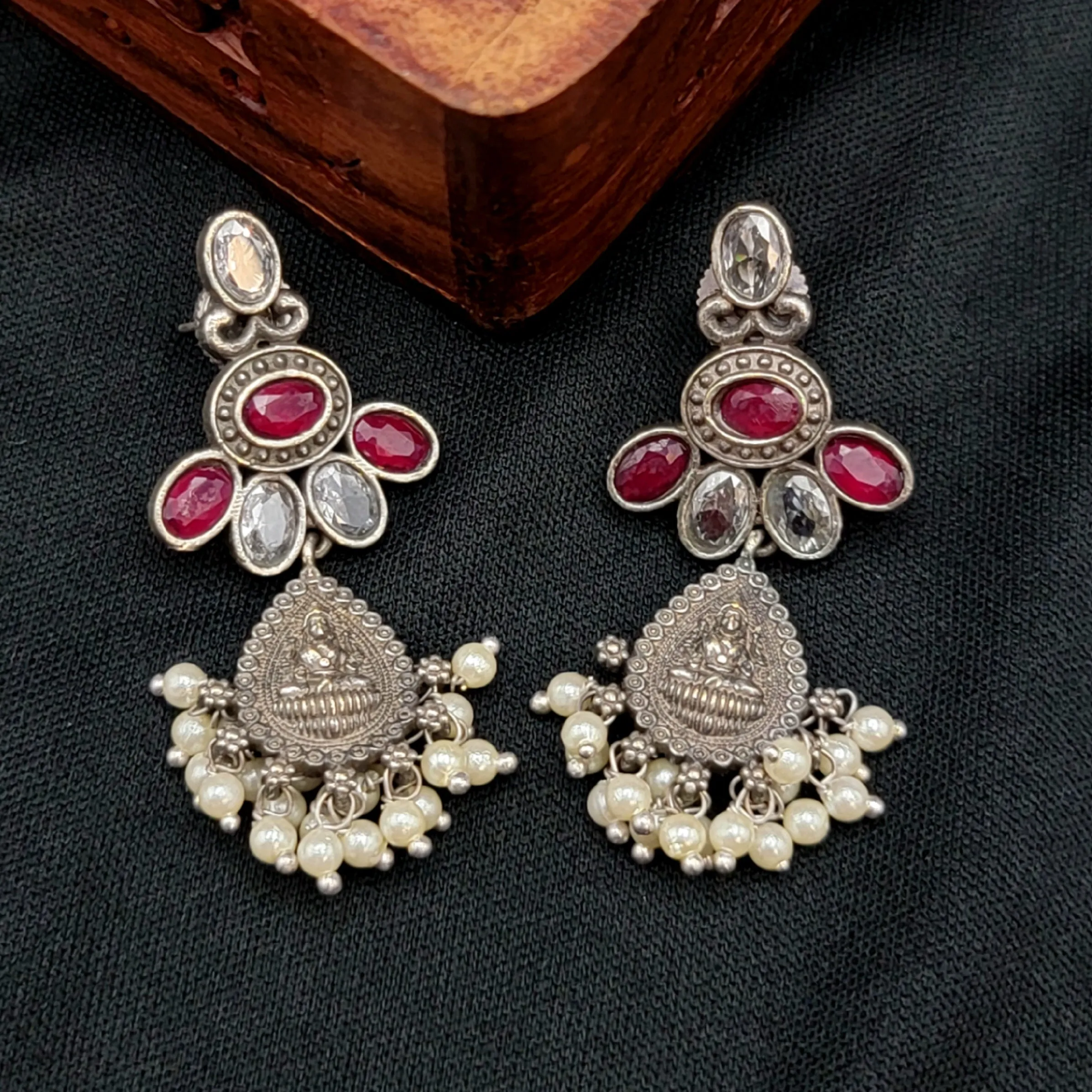 Lakshmi Long Ruby Red & White AD Guttapusalu Silver Alike Set