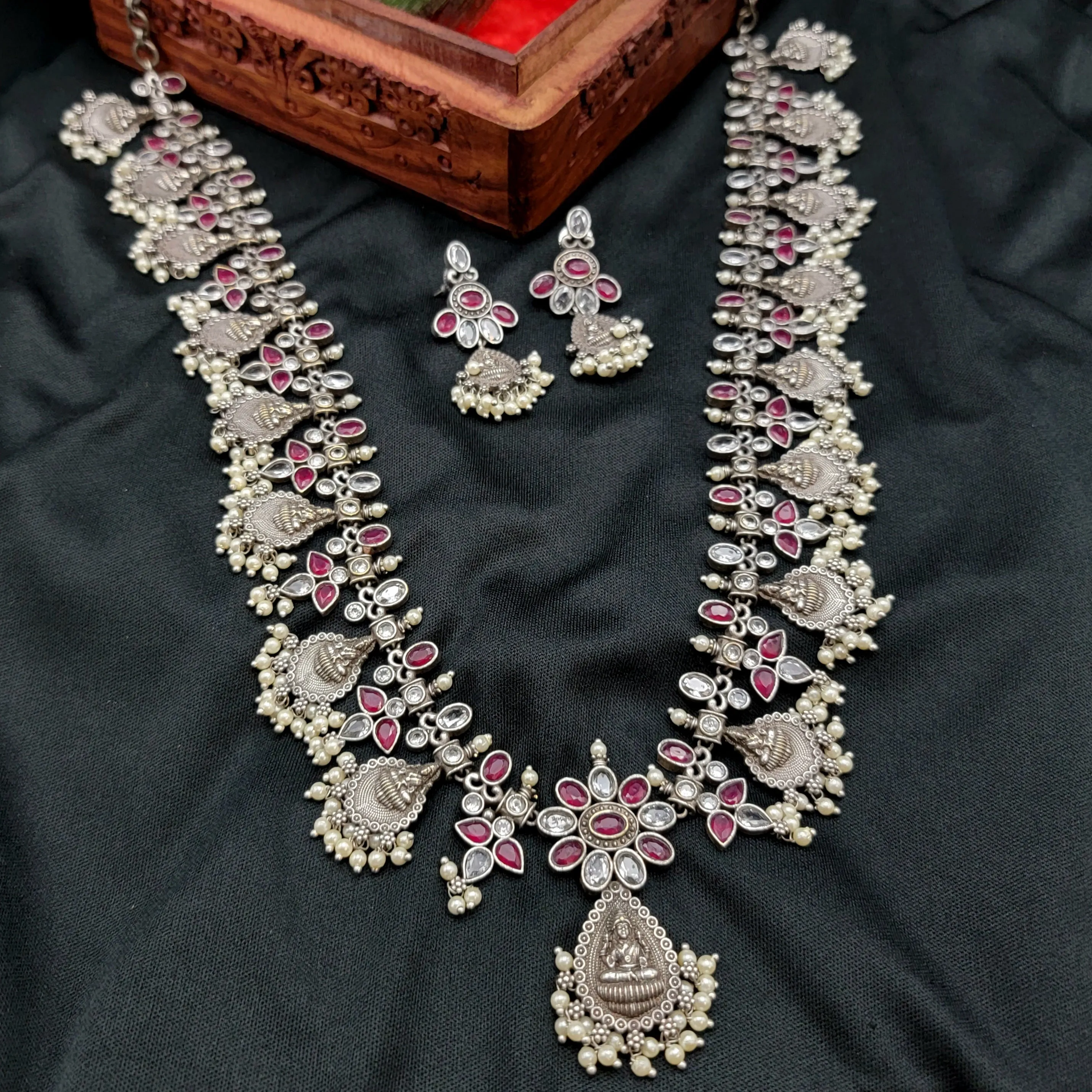 Lakshmi Long Ruby Red & White AD Guttapusalu Silver Alike Set