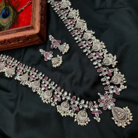 Lakshmi Long Ruby Red & White AD Guttapusalu Silver Alike Set