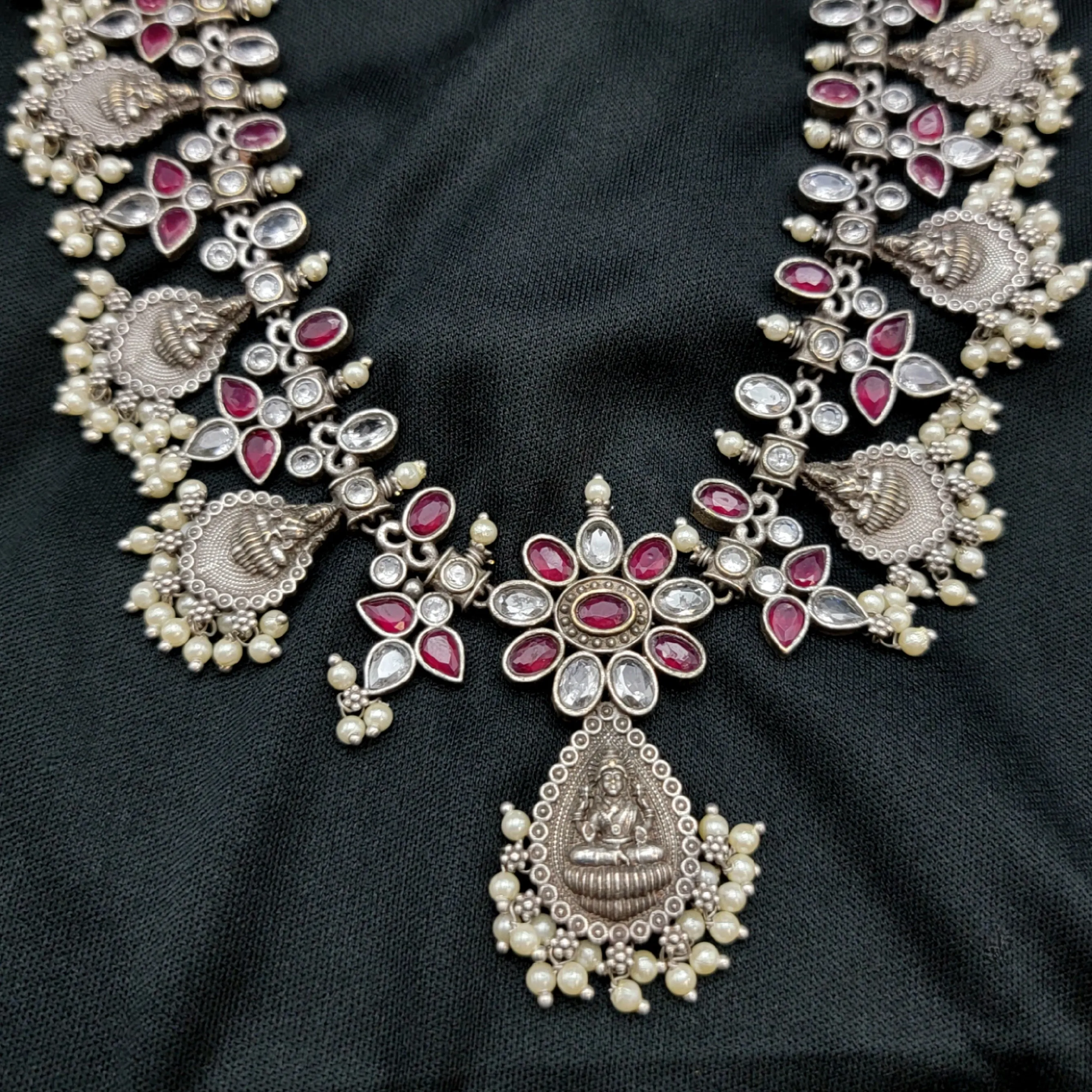 Lakshmi Long Ruby Red & White AD Guttapusalu Silver Alike Set