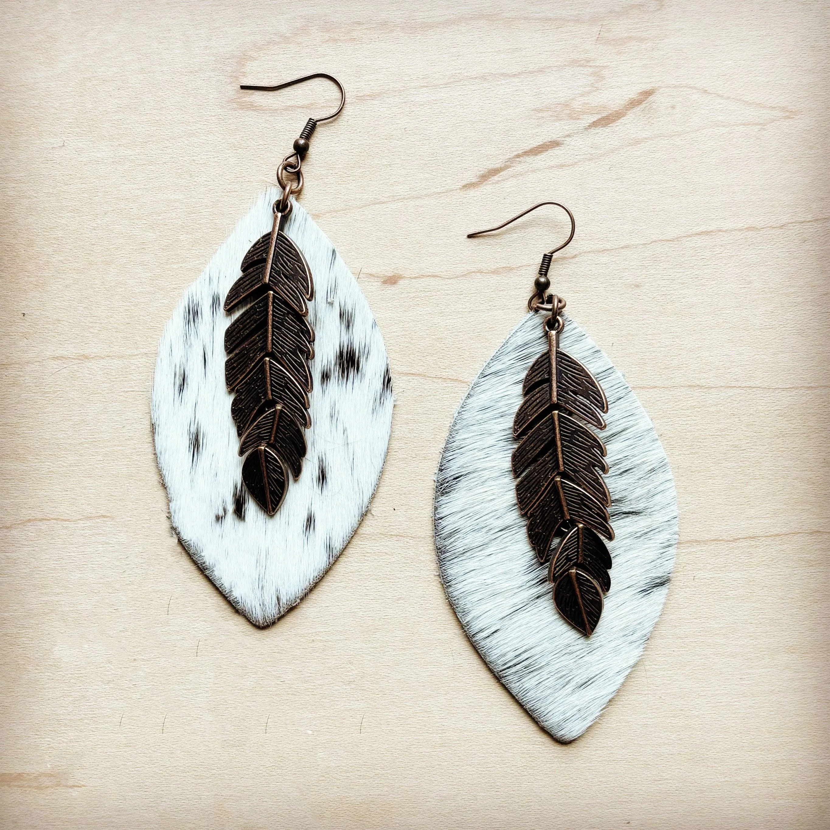 Leather Oval Earrings Spotted Hide & Copper Feather - Western Jewelry