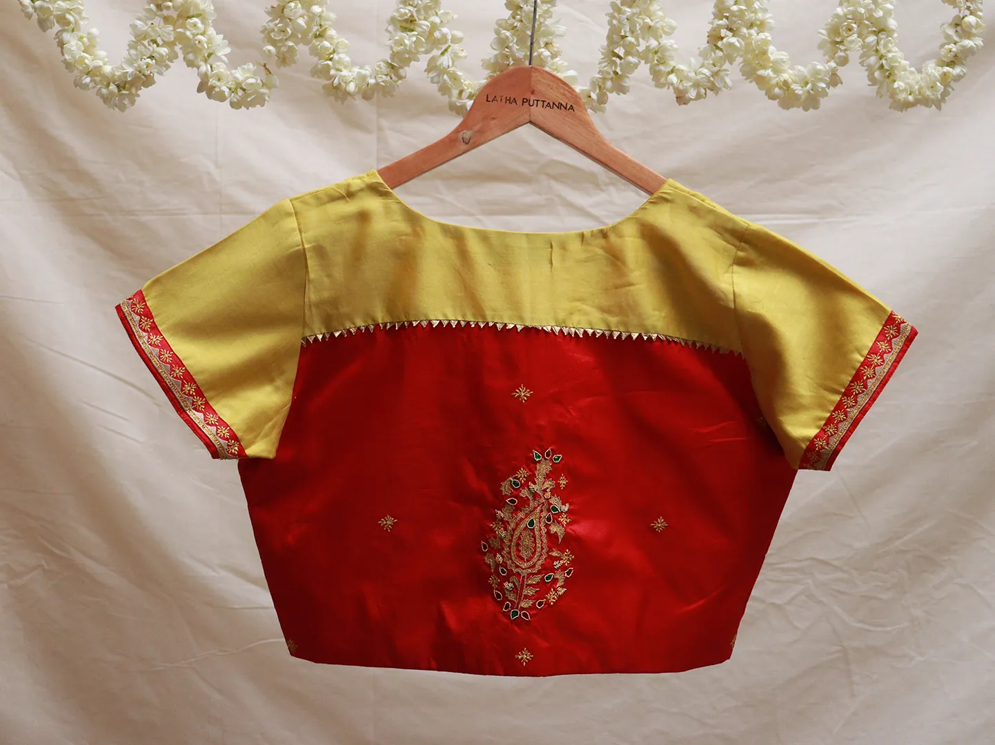 Lemon yellow and Cherry red Hand embroidery blouse