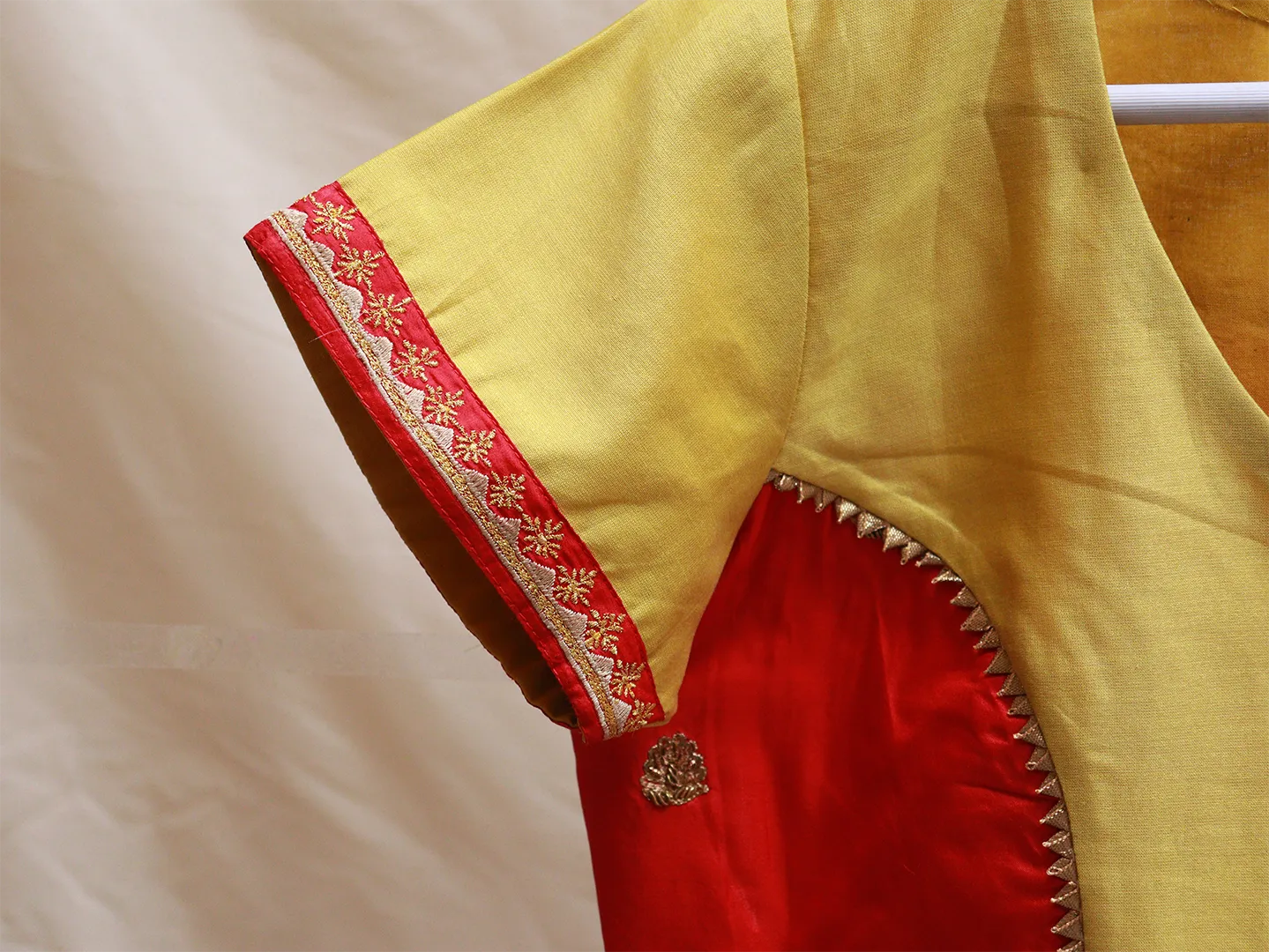 Lemon yellow and Cherry red Hand embroidery blouse