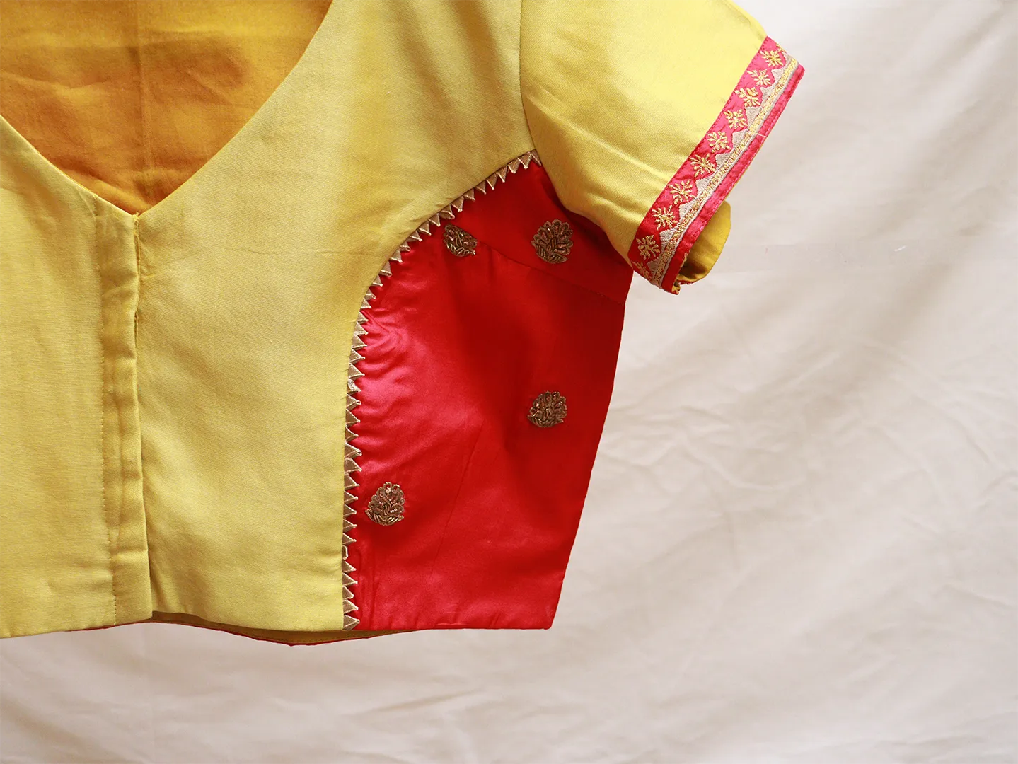 Lemon yellow and Cherry red Hand embroidery blouse