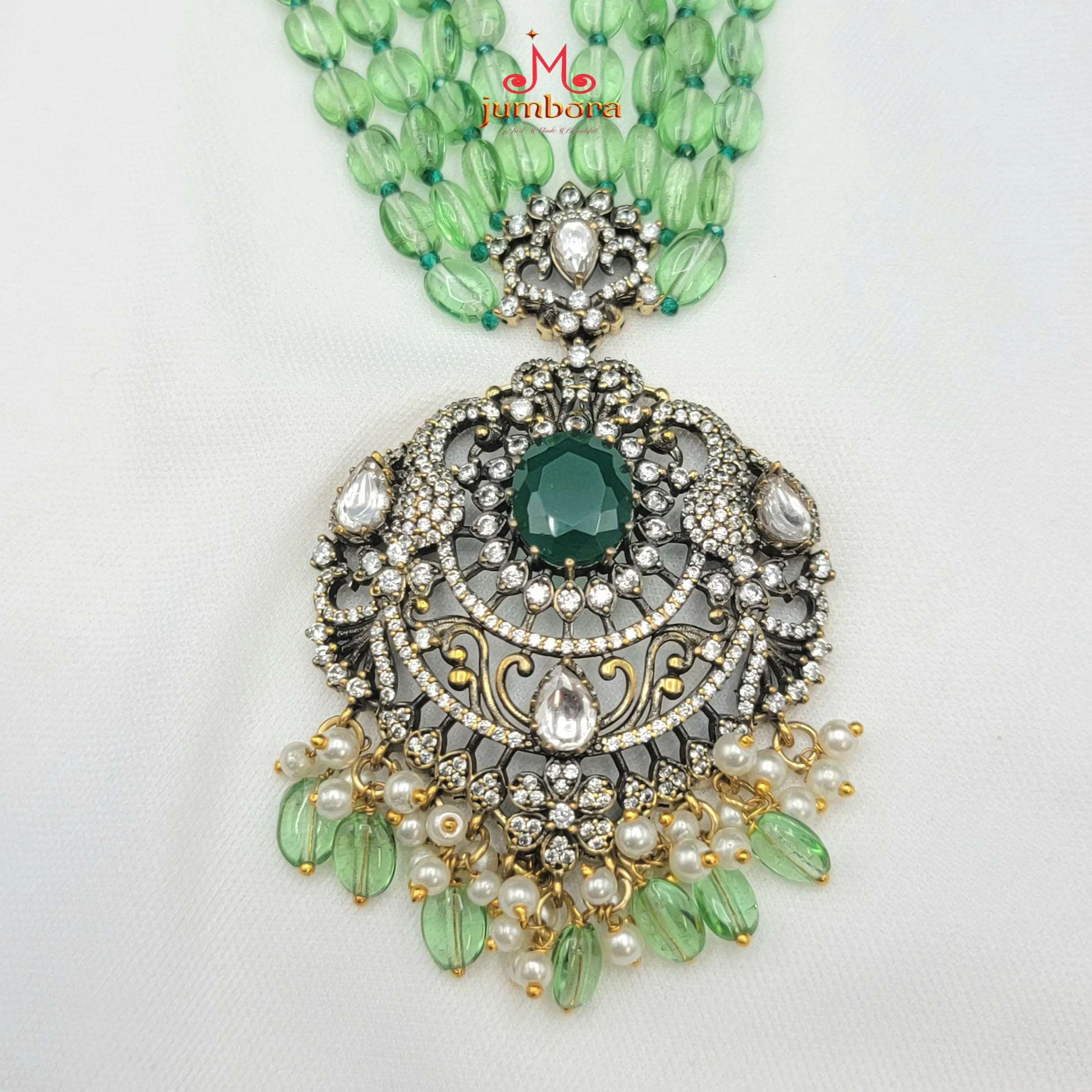 Long AD Zircon Victorian Pendant with Light Green Monalisa Beads Necklace Set