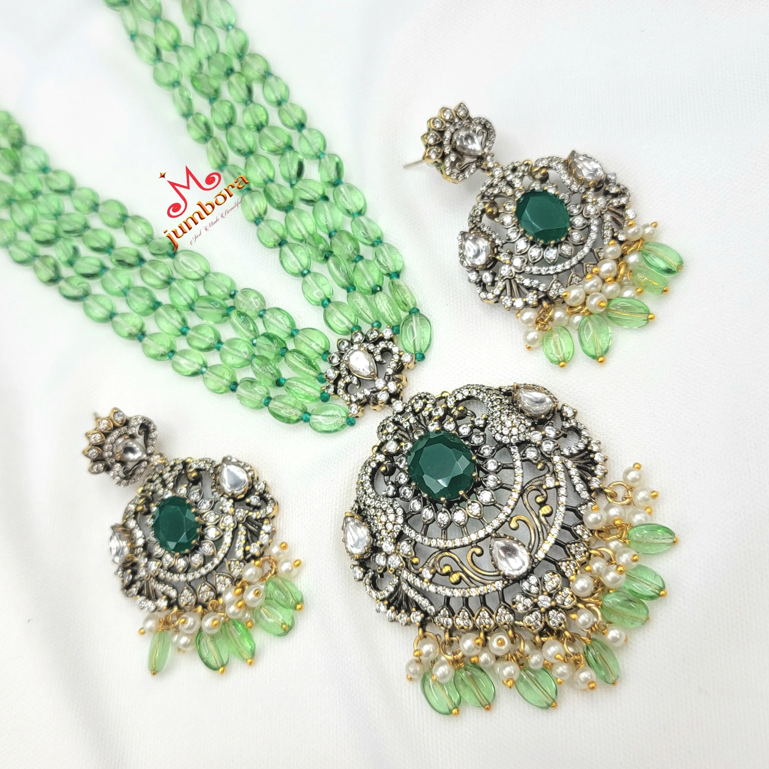 Long AD Zircon Victorian Pendant with Light Green Monalisa Beads Necklace Set