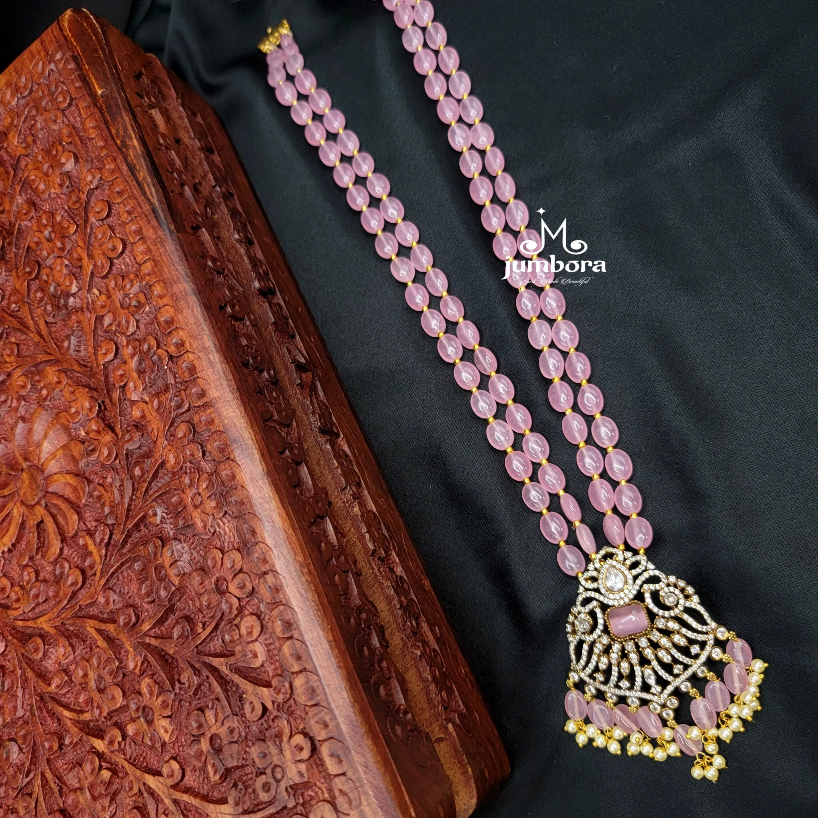 Long AD Zircon Victorian Pendant with Pink Monalisa Beads Necklace Set